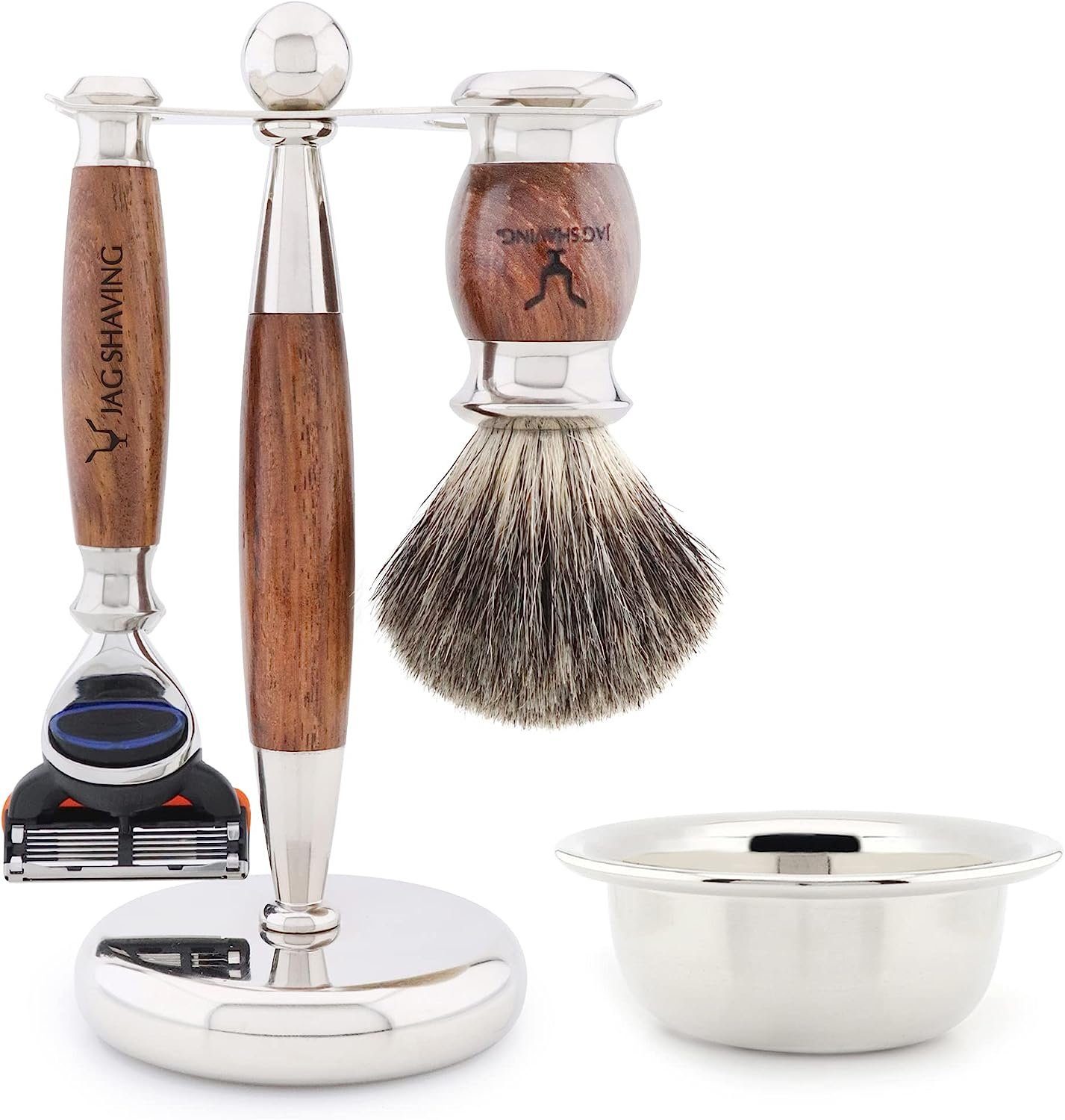 JAG SHAVING Rasierset 4-teiliges edles Rasier- und Pflegeset aus Holz und verchromt, 4-tlg., Gillette Fusion Rasierpinsel aus Synthetikfasern mit Doppelgriff, die beste Art, Ihre Lieben zu beschenken