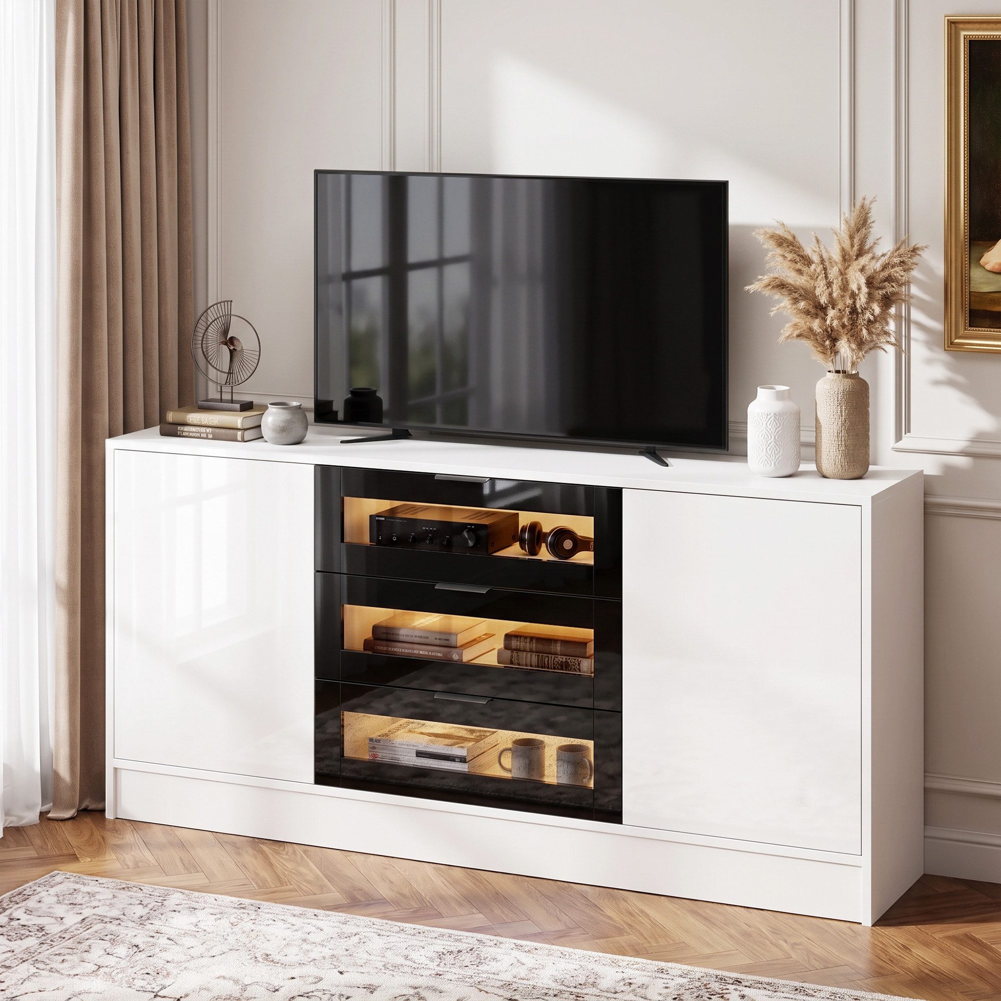 OYRREU Sideboard moderner Mehrzweckschrank mit LED-Vitrine, weiß, OTTO’S CHOICE (Schrank, Set, Wohnzimmer, Esszimmer, Büro, 2 Türen, 3 Schubladen, 150 x 35 x 80 cm), Aufbewahrungsschrank