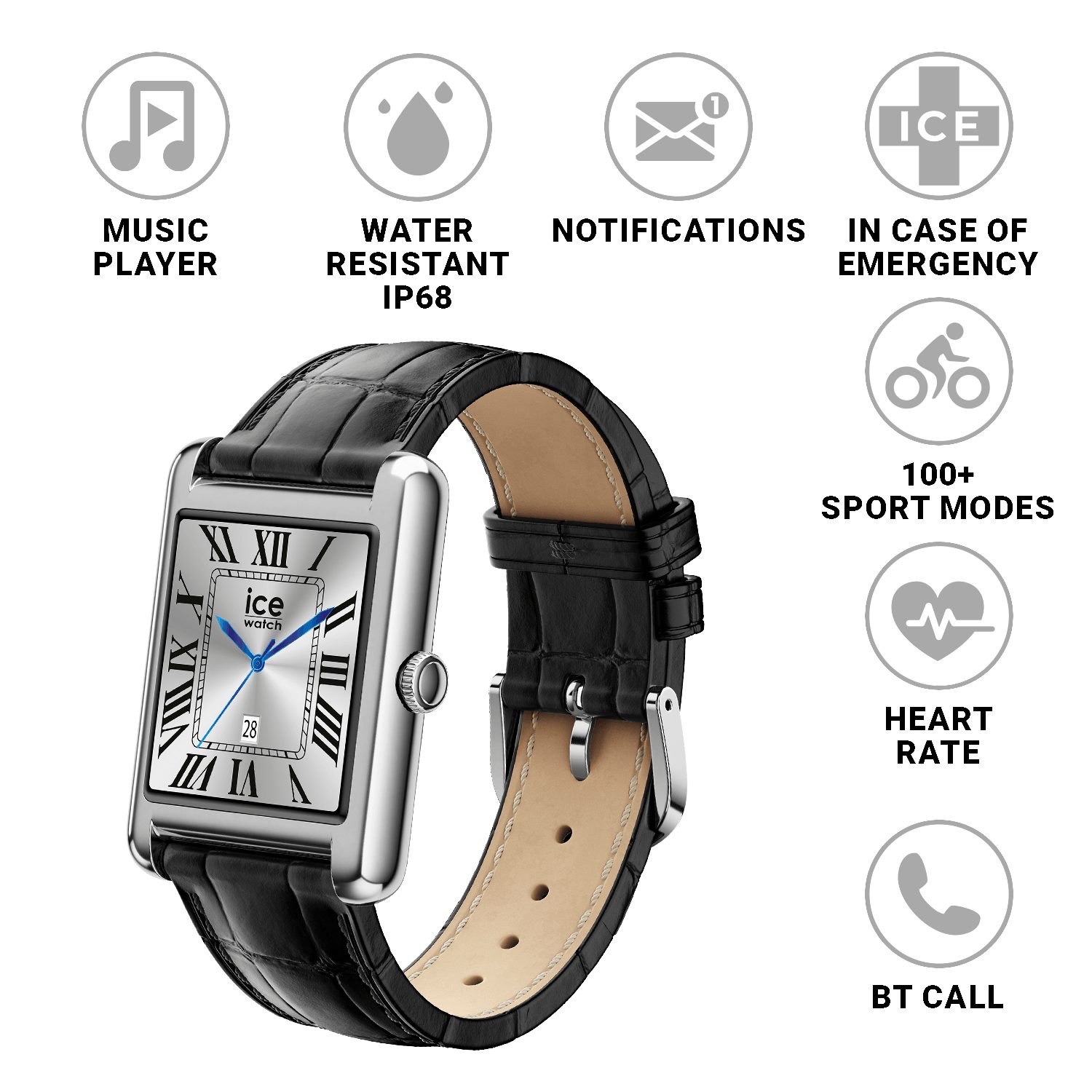 ice-watch Smartwatch, Armbanduhr, Damenuhr, Lederarmband, Bluetooth, digital schwarz