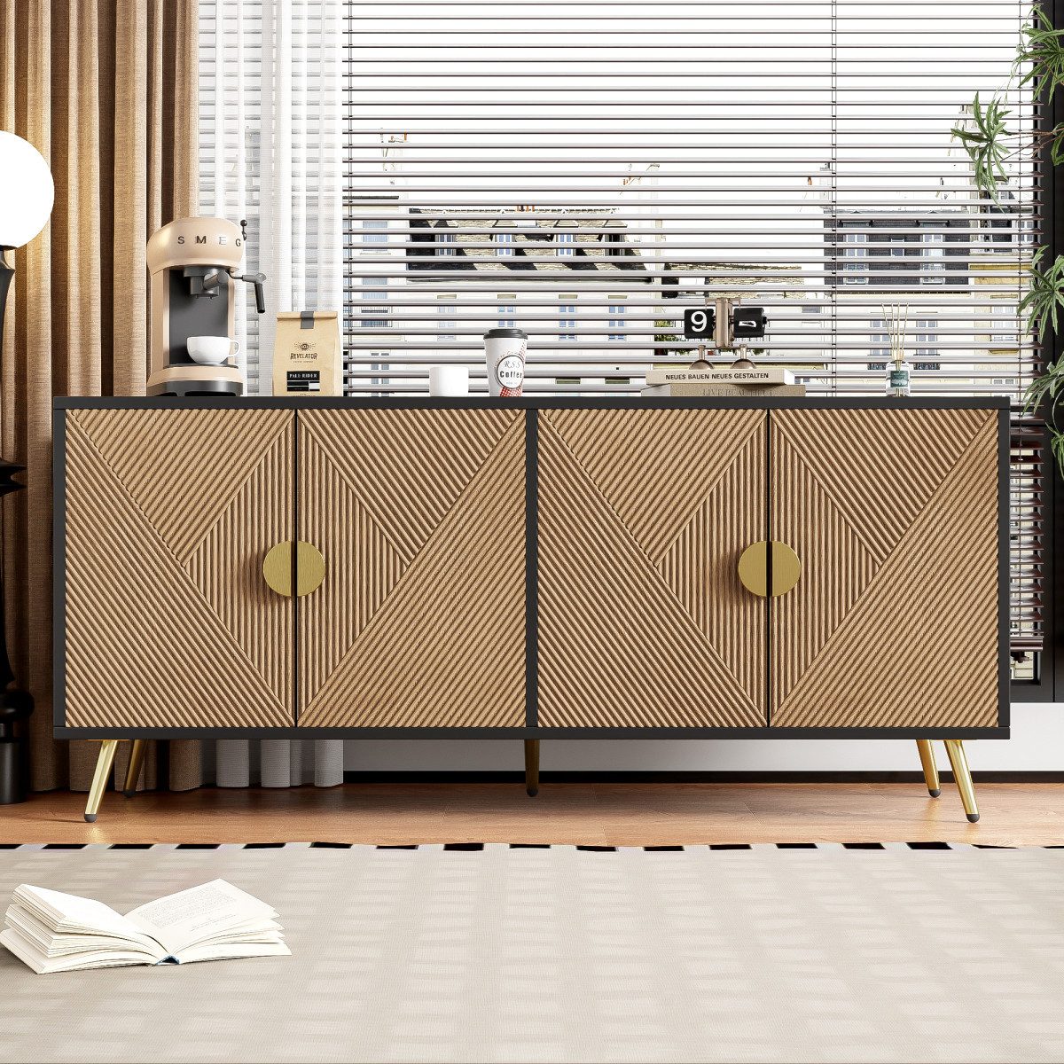 Rutaqian Sideboard Kommode mit 4 Türen,Goldene Gebürstete Griffe und Hochglanz Tischbeine (Einzigartige Tür mit Erhabener Linienstruktur in Holzfarbe, Sideboard 160x40x75 cm)