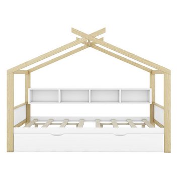 OKWISH Kinderbett Hausbett, ausgestattet mit Ausziehbett, vier Staufächern (140*200cm), ohne Matratze