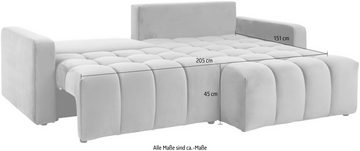 INOSIGN Ecksofa MARVEO L-Form, aufwändige Steppung im Sitzbereich, mit Bettfunktion (Liegefläche: 205x151cm) und Bettkasten (96,5x66,5cm)