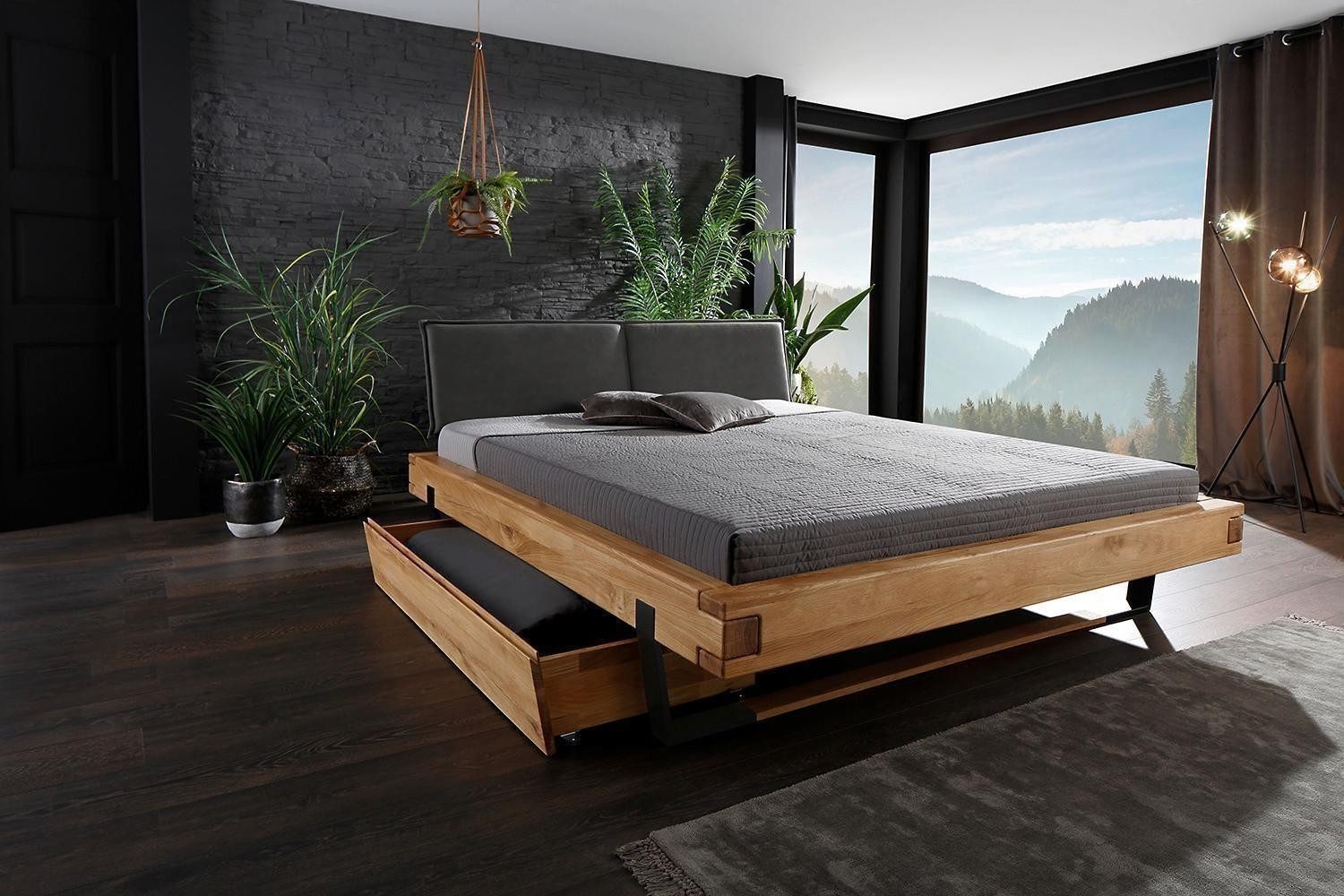 G+K Möbelvertriebs GmbH Bettgestell BE-0520, 180 x 200 cm, Braun, Schwarz, Wildeichenholz massiv, Kufenteilgestell aus Metall