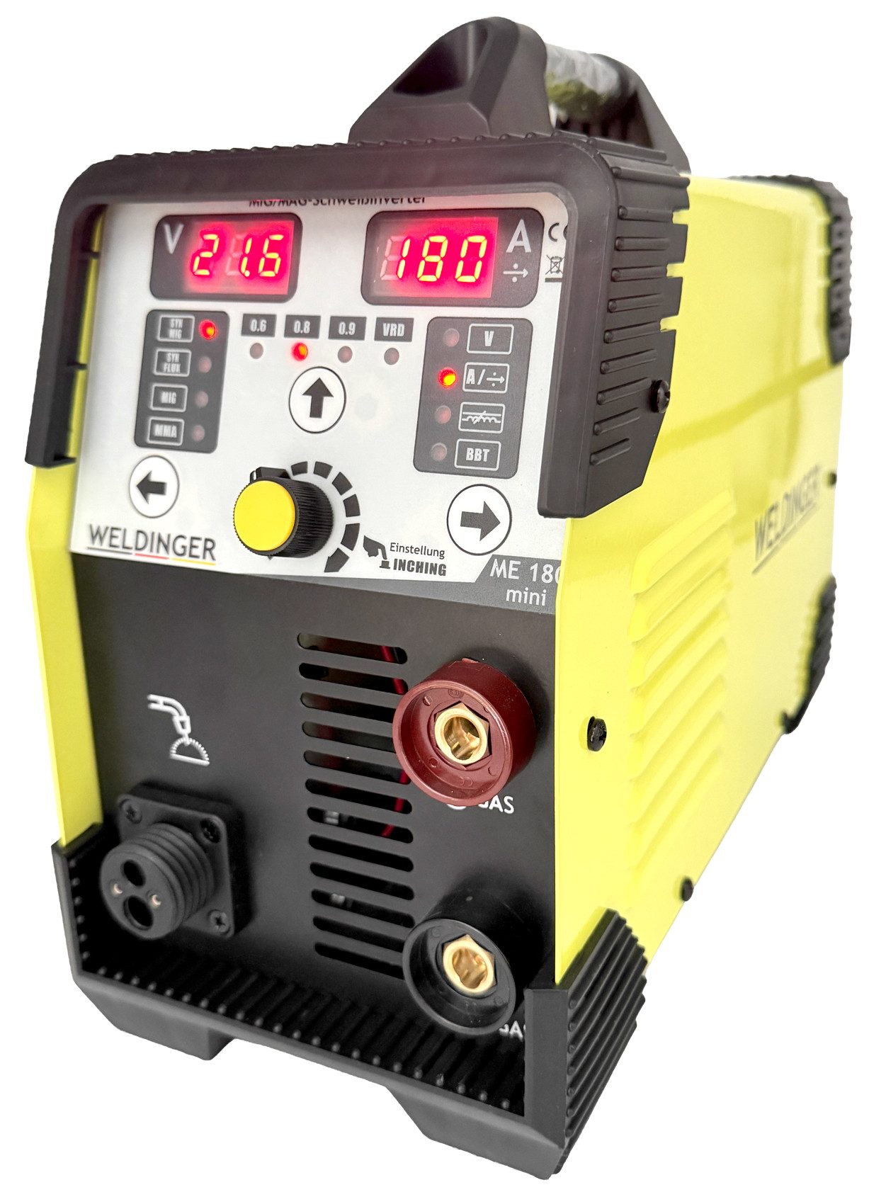WELDINGER Schutzgasschweißgerät MIG/MAG-Schweißgerät ME180 mini Fülldrahtset synergisch mit Zubehör, 30 - 180 A, 4-tlg., Synergie, ultrakompakte Abmessung, besonders einfache Bedienung