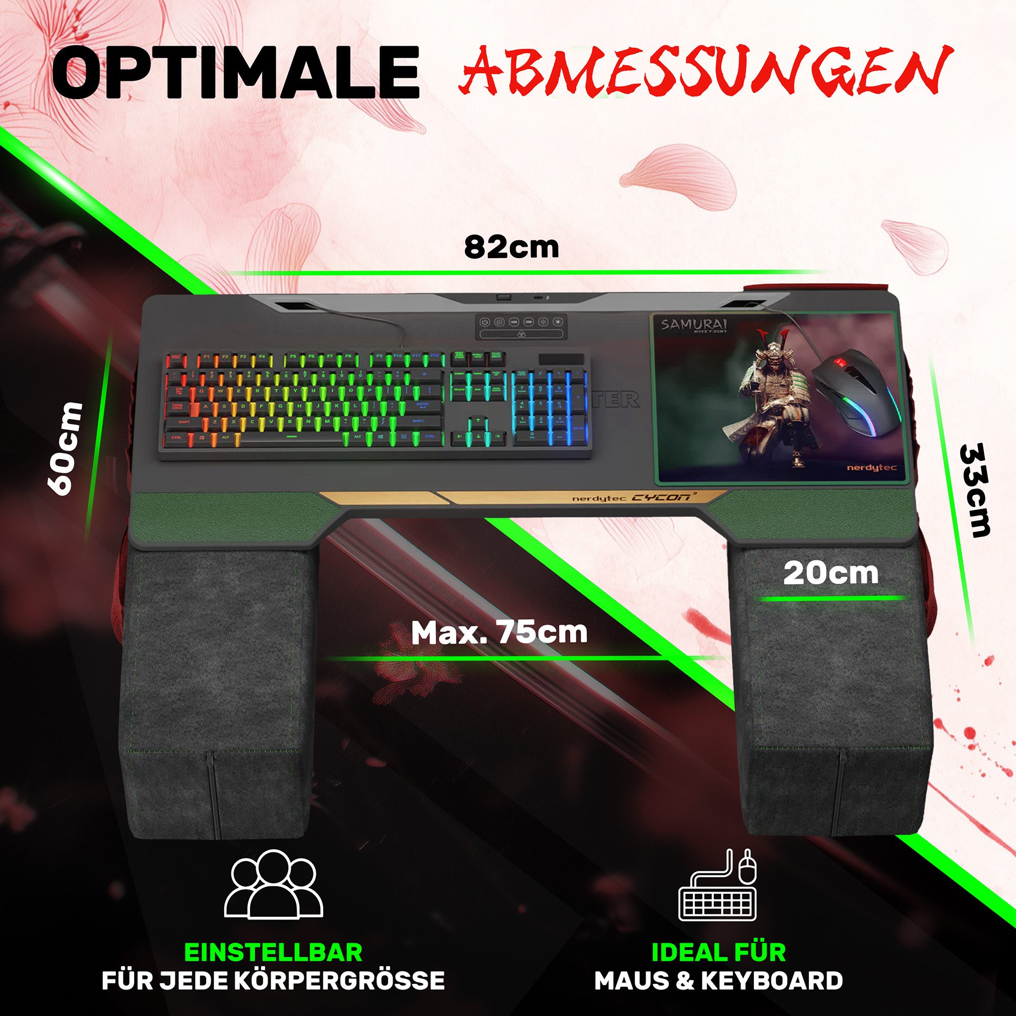 COUCHMASTER Computertisch Couchmaster CYCON³ Samurai Edition - Ergonomisches Gaming Lapdesk (1 Samurai Design Lapoard, 2 Kissen)