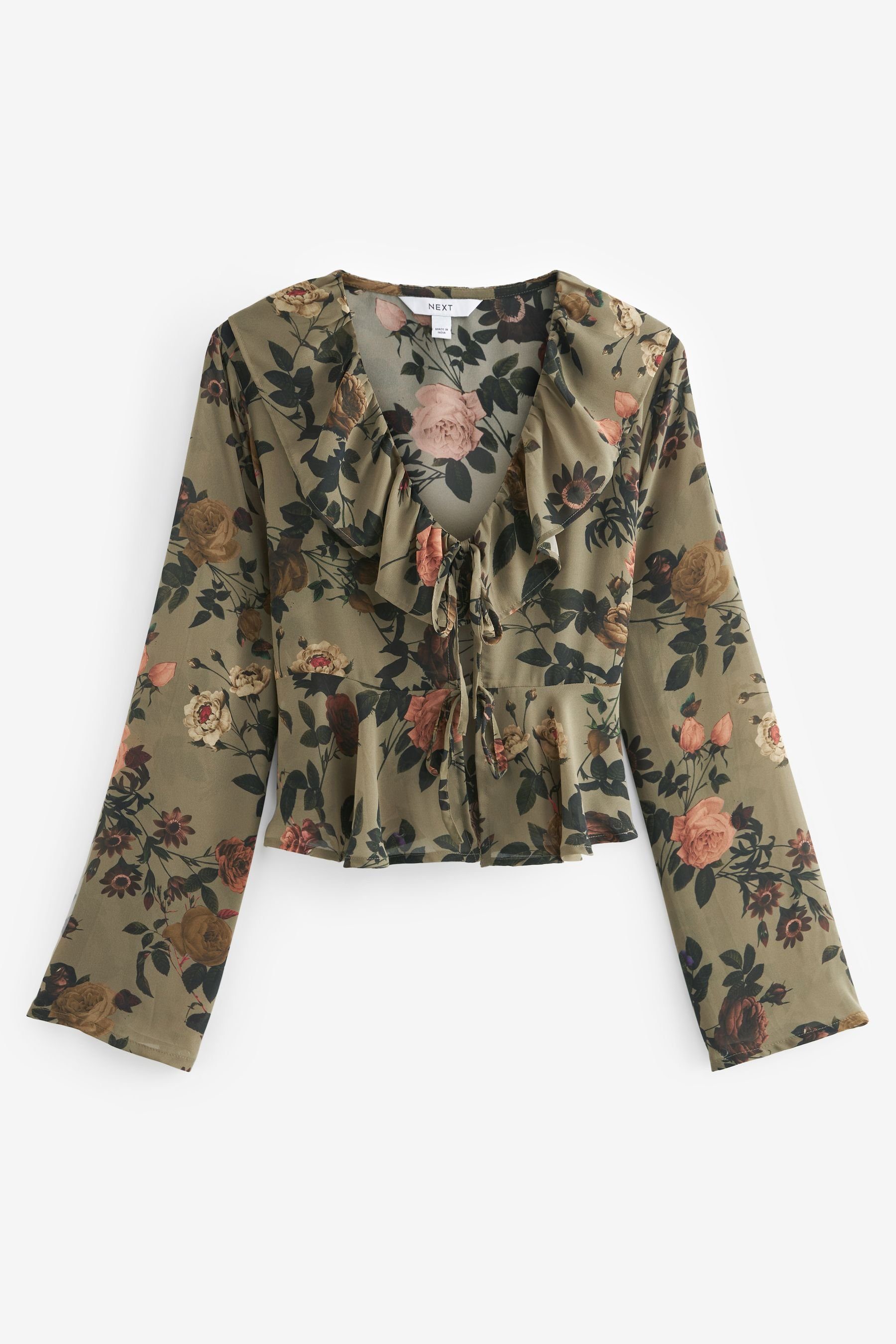 Next Langarmbluse Langärmlige Bluse mit Khaki Green (1-tlg) Floral Binden Rüschen zum