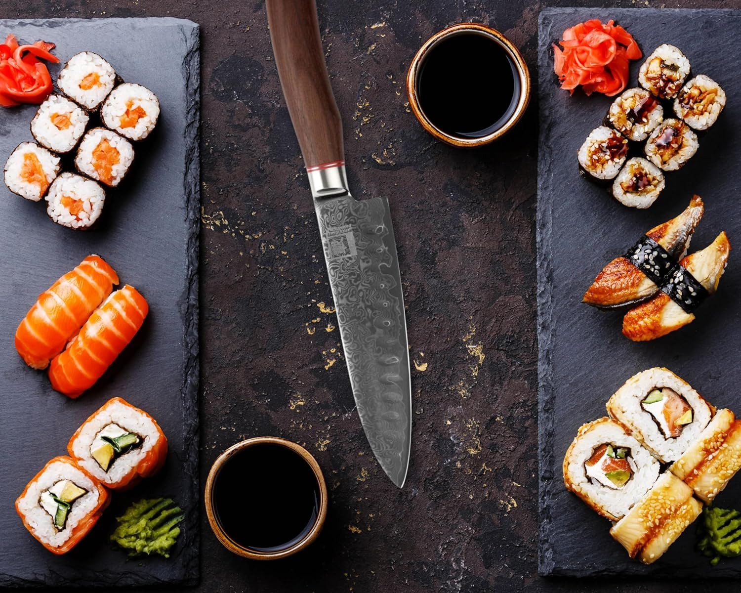 ZAYIKO Santokumesser Kurumi Damast Santoku Küchenmesser 17,5 cm Klinge Nussbaumgriff, Damaststahl, VG10-Kern