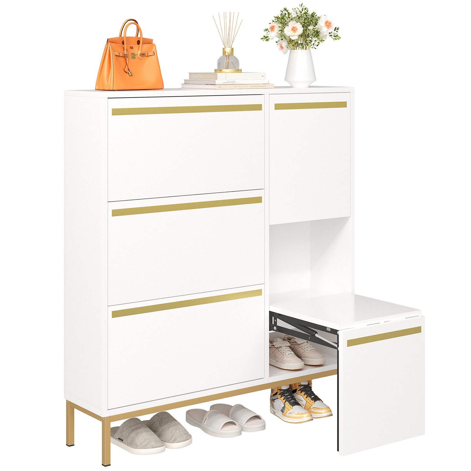 Yorbay Schuhschrank mit klappbaren Schuhwechselhocker, Aufbewahrung für 22 Paar Schue Schuhregal mit 3 Klappen+offener Ablagefläche, Gold+ Weiß