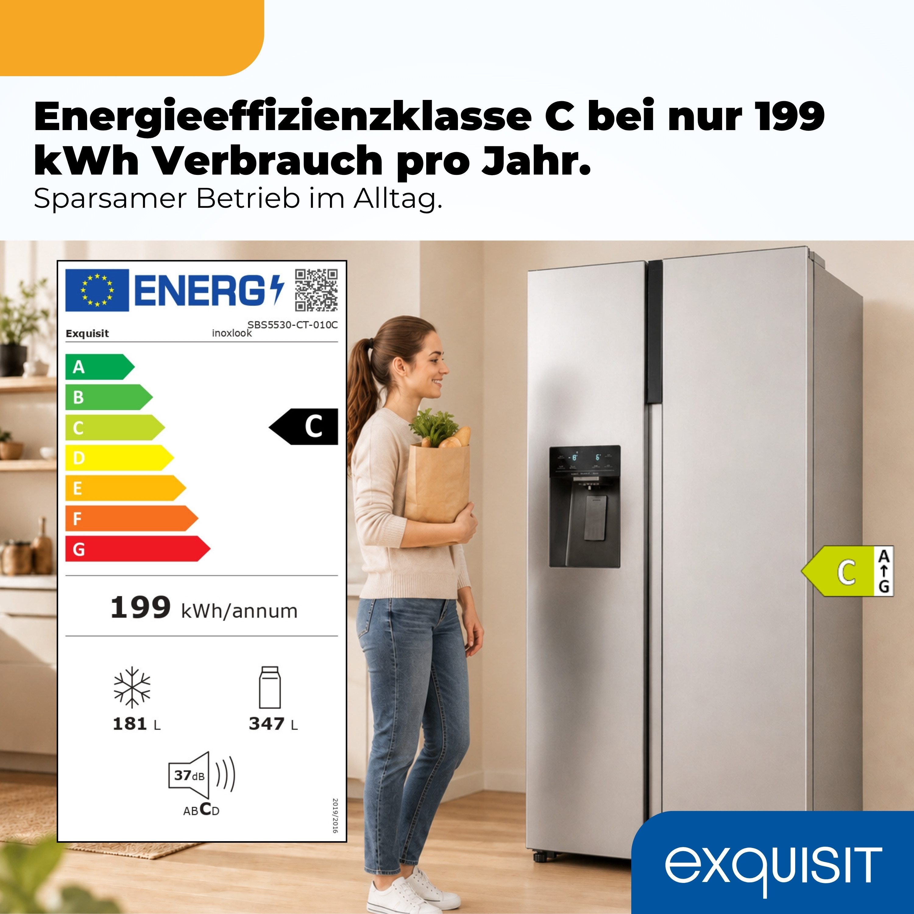 exquisit Side-by-Side SBS5530-CT-010C, 178,8 cm hoch, 91,1 cm breit, 528 l Nutzinhalt gesamt, 4 Sternefach, Energieklasse C, 37 dB