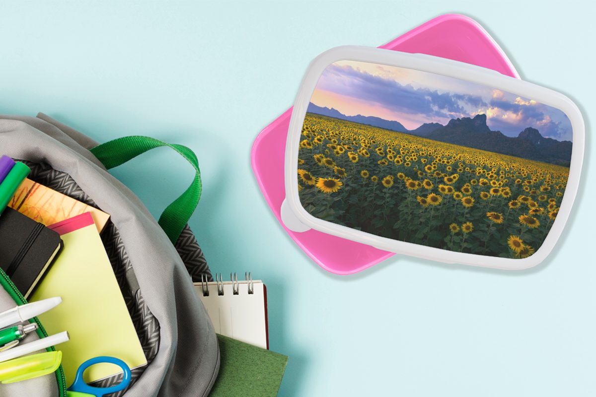 MuchoWow Lunchbox Kunststoff, Sonnenblume - Snackbox, Himmel, Erwachsene, Kinder, Thailand Brotbox Mädchen, Brotdose (2-tlg), für - Kunststoff rosa