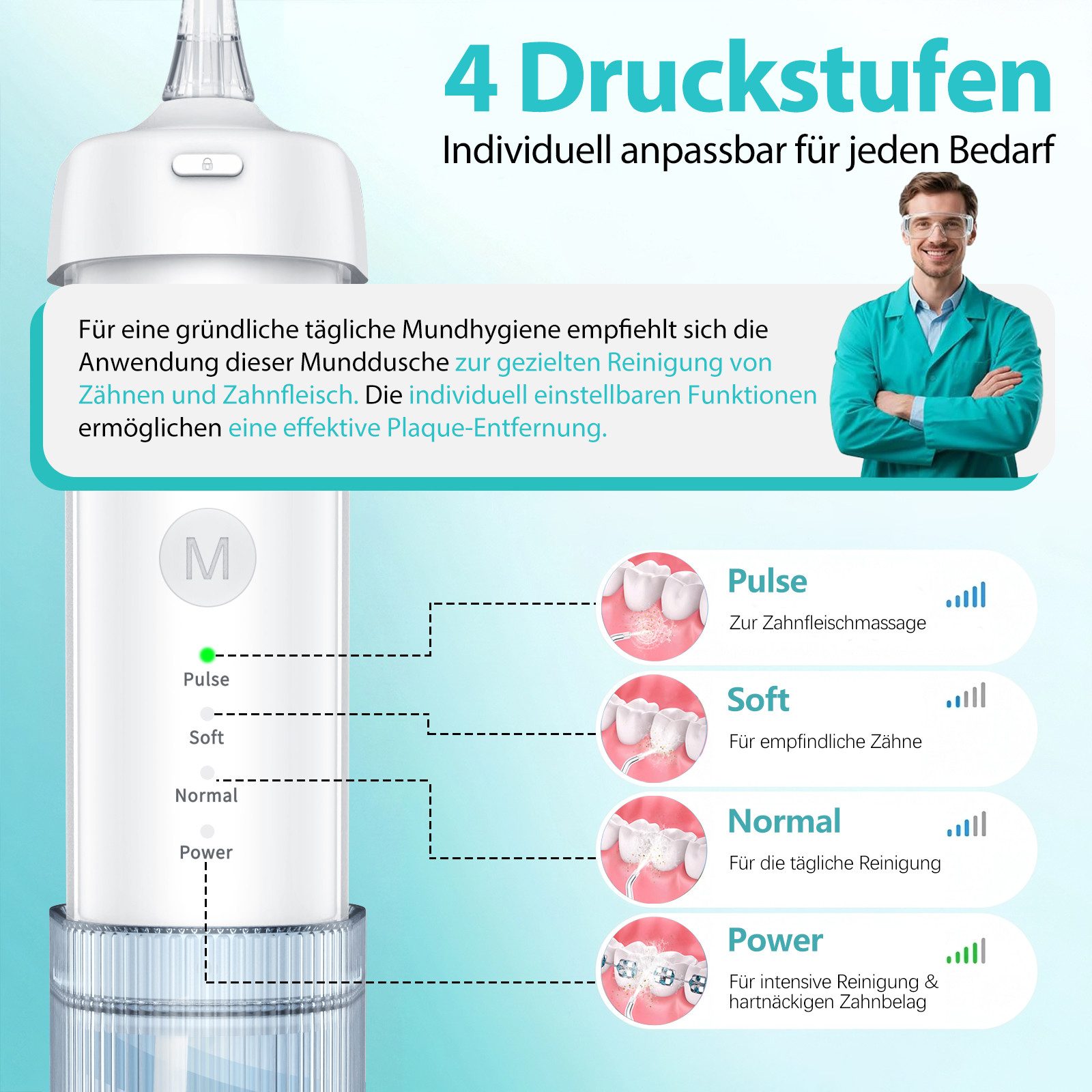 SWGOTA Munddusche Kabellos Zahndusche elektrisch Tragbar 4 Modi & 5 Düsen,360° Drehung, 2200 mAh,210ml Wassertank,IPX7 Zahnreiniger Zahnfleisch und Zahnpflege