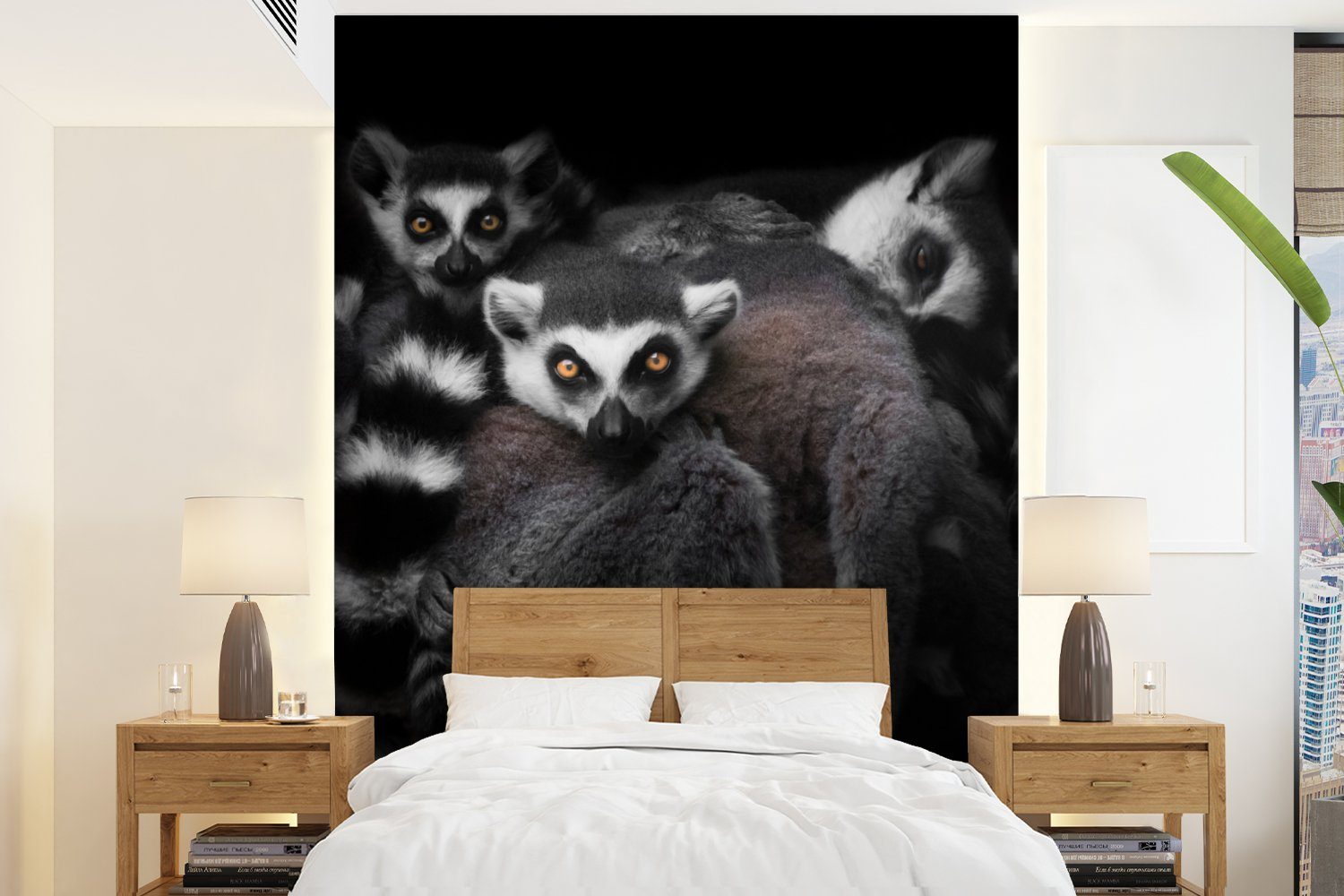 Porträt, - Wandtapete Fototapete für Wohnzimmer, Tapete Schwarz MuchoWow Lemur - - St), - Weiß Vinyl Matt, bedruckt, (4 Montagefertig Tiere