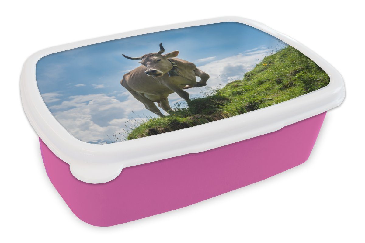 Kunststoff, Gras Lunchbox für - MuchoWow Snackbox, Kuh (2-tlg), Erwachsene, Brotbox Alpen, Brotdose Kinder, - Kunststoff Mädchen, rosa