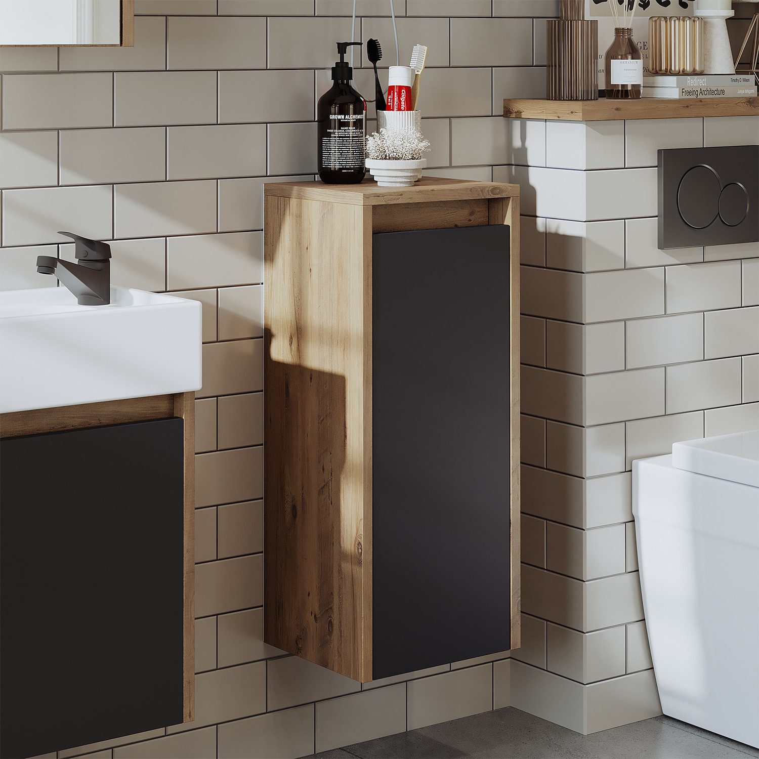 Roomart Badmöbel-Set MINI 50 hängend, 25 cm tief, Soft-Close, Keramikbecken in 5 Farben, (Komplett-Set für Badezimmer, Gäste WC, Unterschrank mit Waschbecken, Seitenschrank, Spiegelschrank), Soft-Close, Wandmontage, Keramikbecken inkl., 5 Farben, 25 cm ti