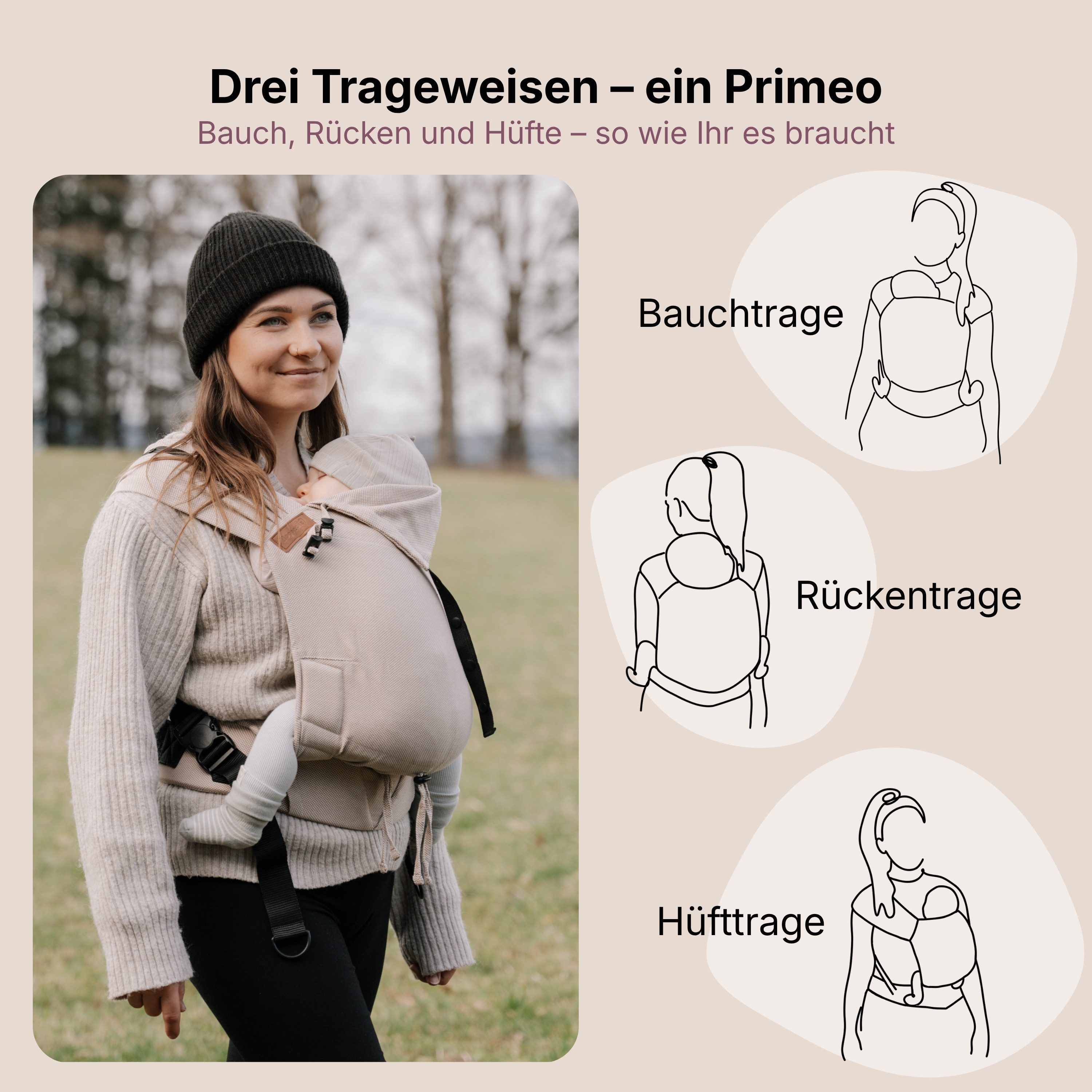 Hoppediz Babytrage Primeo, ab Geburt (2,5 kg) Bauchtrage, Rückentrage & Hüfttrage mit Tuchträgern