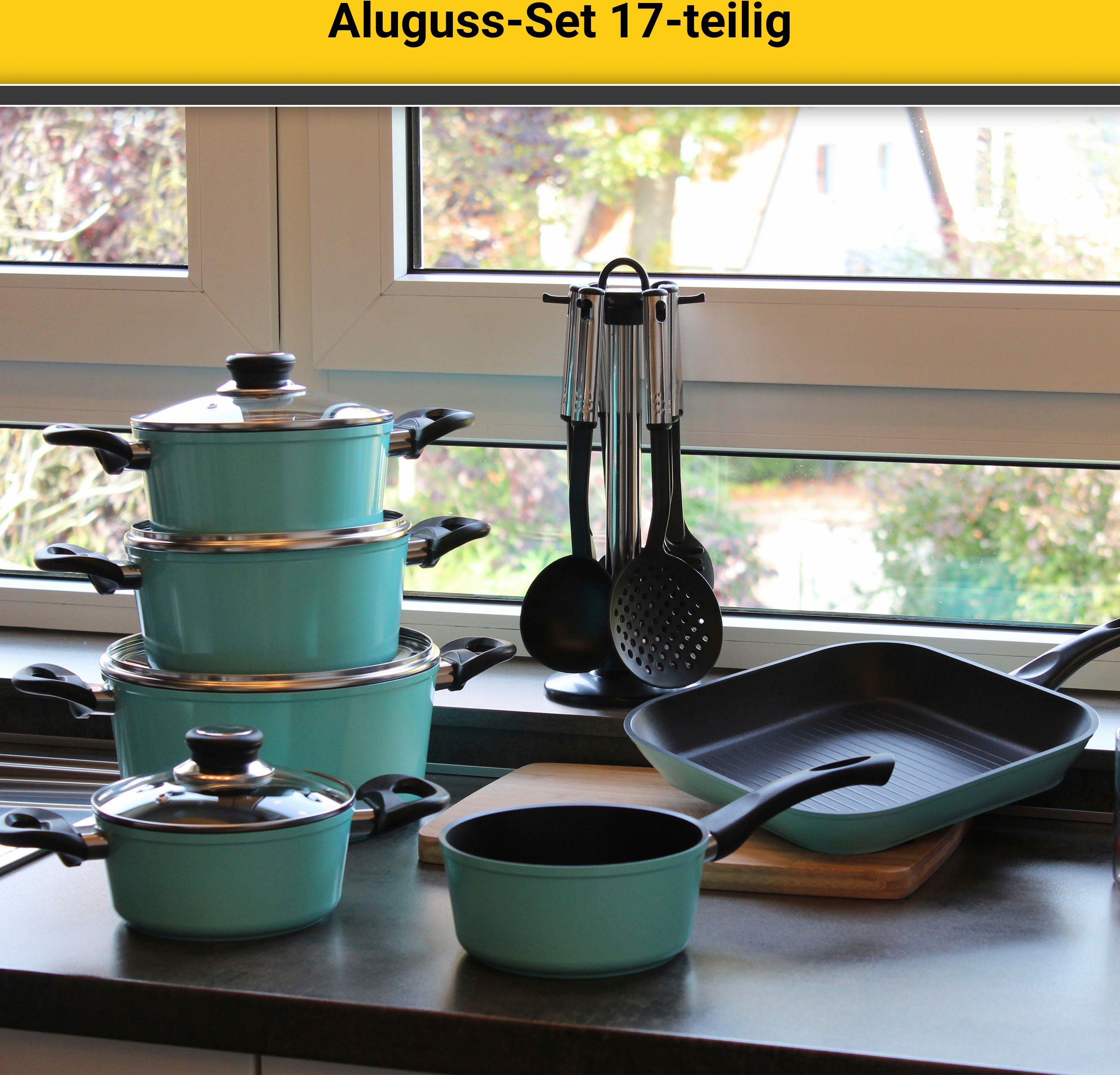 Krüger Topf-Set Aluguss Topf- und Pfannenset inkl. praktischen Küchenhelfern, 17 tlg., Aluminiumguss (Set, 17-tlg., Fleischtopf 16/18/20/24cm, Stieltopf 16cm Steakpfanne 7 T.Küchenhelfer), inkl. 7-tlg. Küchenhelfer-Set