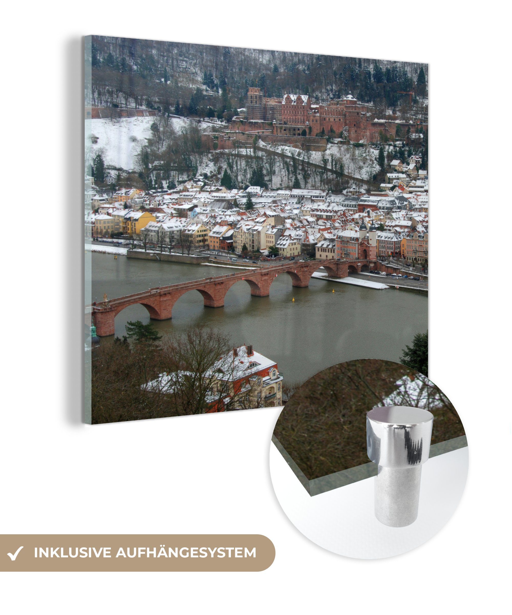 MuchoWow Acrylglasbild Foto auf Glasbilder Heidelberger St), - im das Winter, Wandbild - Schloss Glas auf - Glas Blick Bilder auf Wanddekoration (1