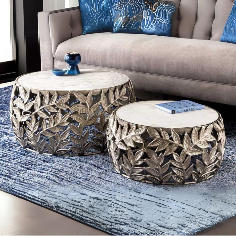 LebensWohnArt Couchtisch Extravagantes Couchtisch-Set RIXOS-Leaf ca.70cm Metall Marmor – Bild 2 von 5