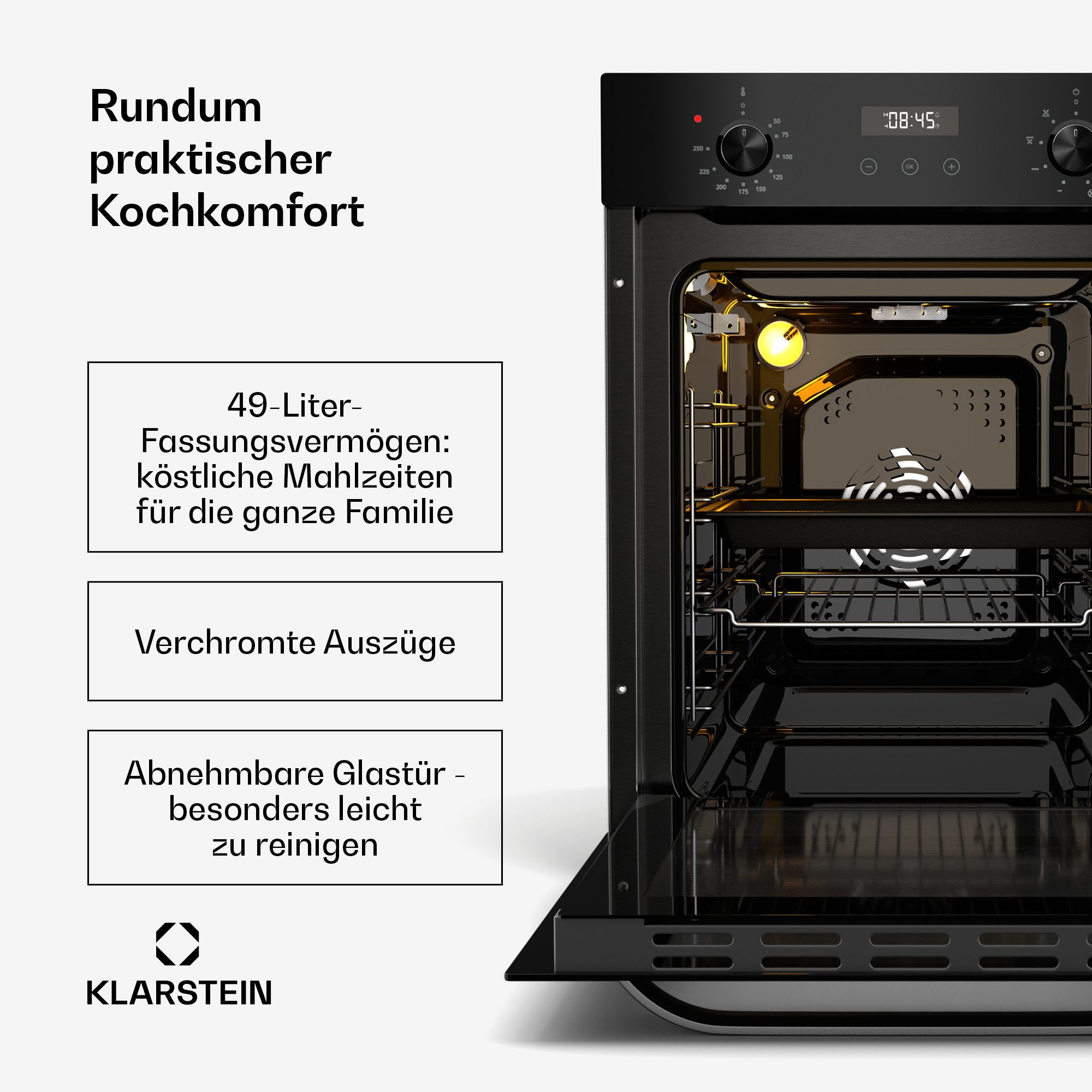 Klarstein Backofen SmartSlim Backofen 49L 9 Funktionen 2000W elektronisch Drehregler SmartSlim, mit Verchromte Auszüge, kein, Slim Built-in Oven 49L mit Timer 2000W & Dampf-Reinigung Halogen