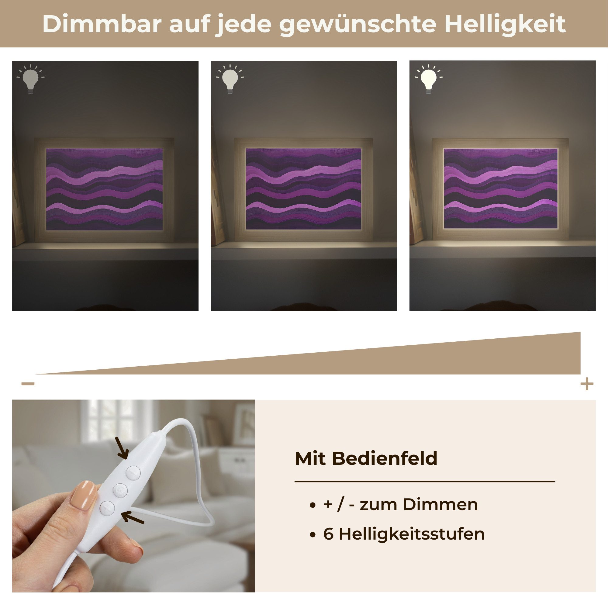 OnlyWow Wandleuchte Lightbox Linien - Wellen - Lila - Abstrakt, Dimmbar, Farbwechsel, LED, Warmweiß, Kaltweiß, Neutralweiß Einstellbar, Wandlampe Innen, Dimmbar, mit Kabel, LED, Modern, Flur