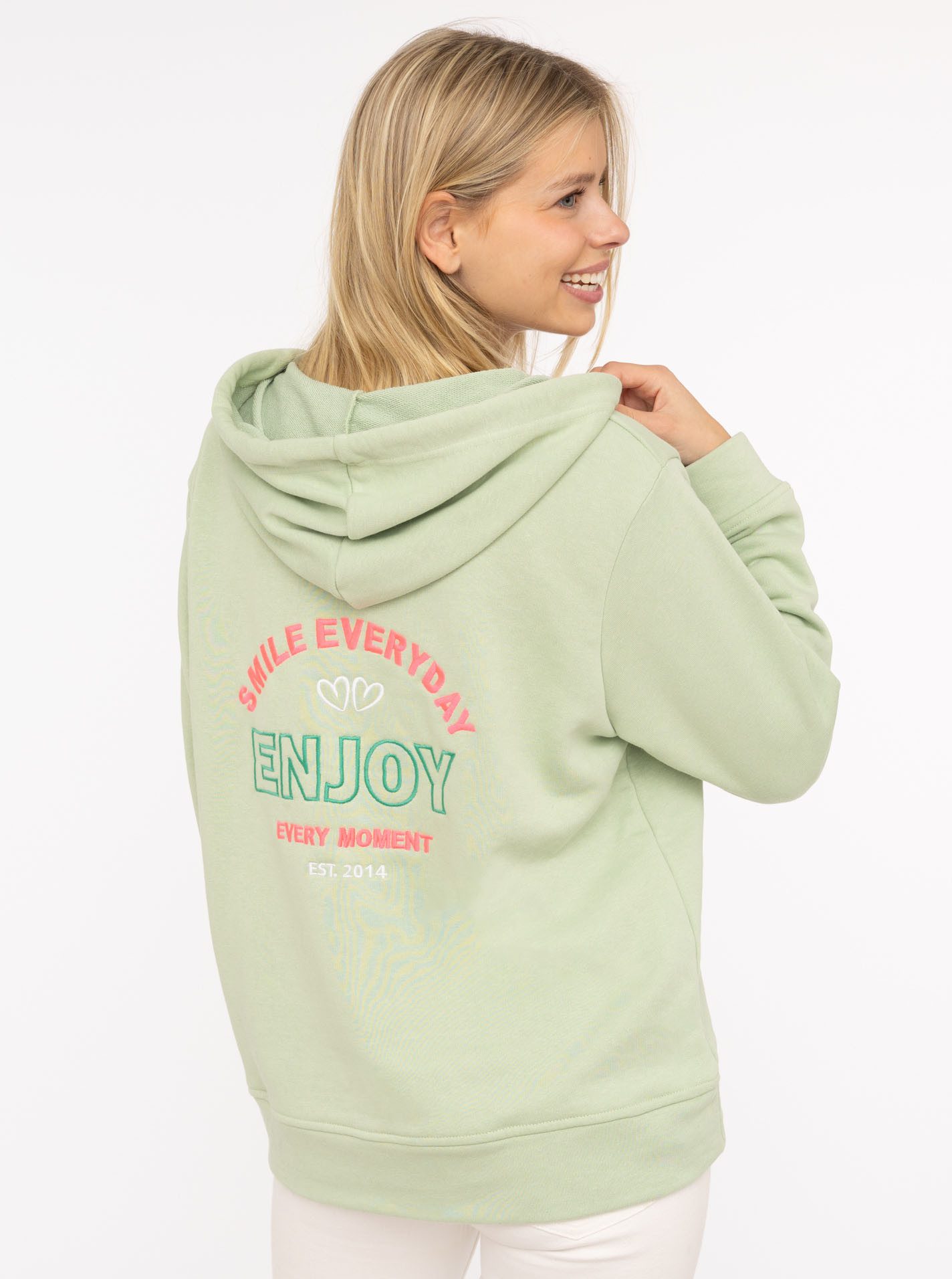 Zwillingsherz Hoodie "Smile Everyday Enjoy" mit V-Ausschnitt, großer Botschaft auf dem Rücken, Kapuze, Kordelzug