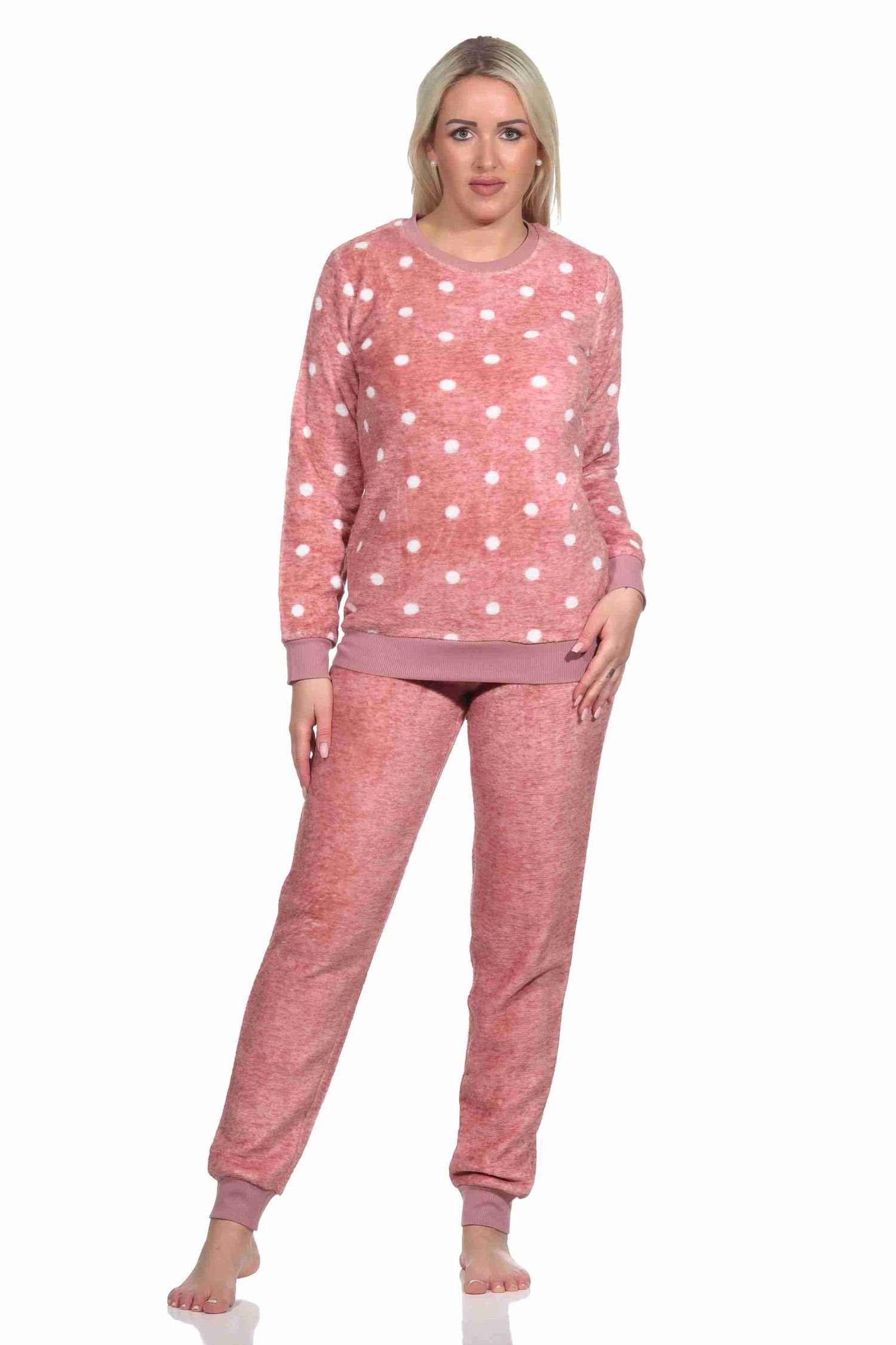 Normann Pyjama Kuschelig warmer Damen langarm Schlafanzug mit Bündchen Tupfen Optik rosa