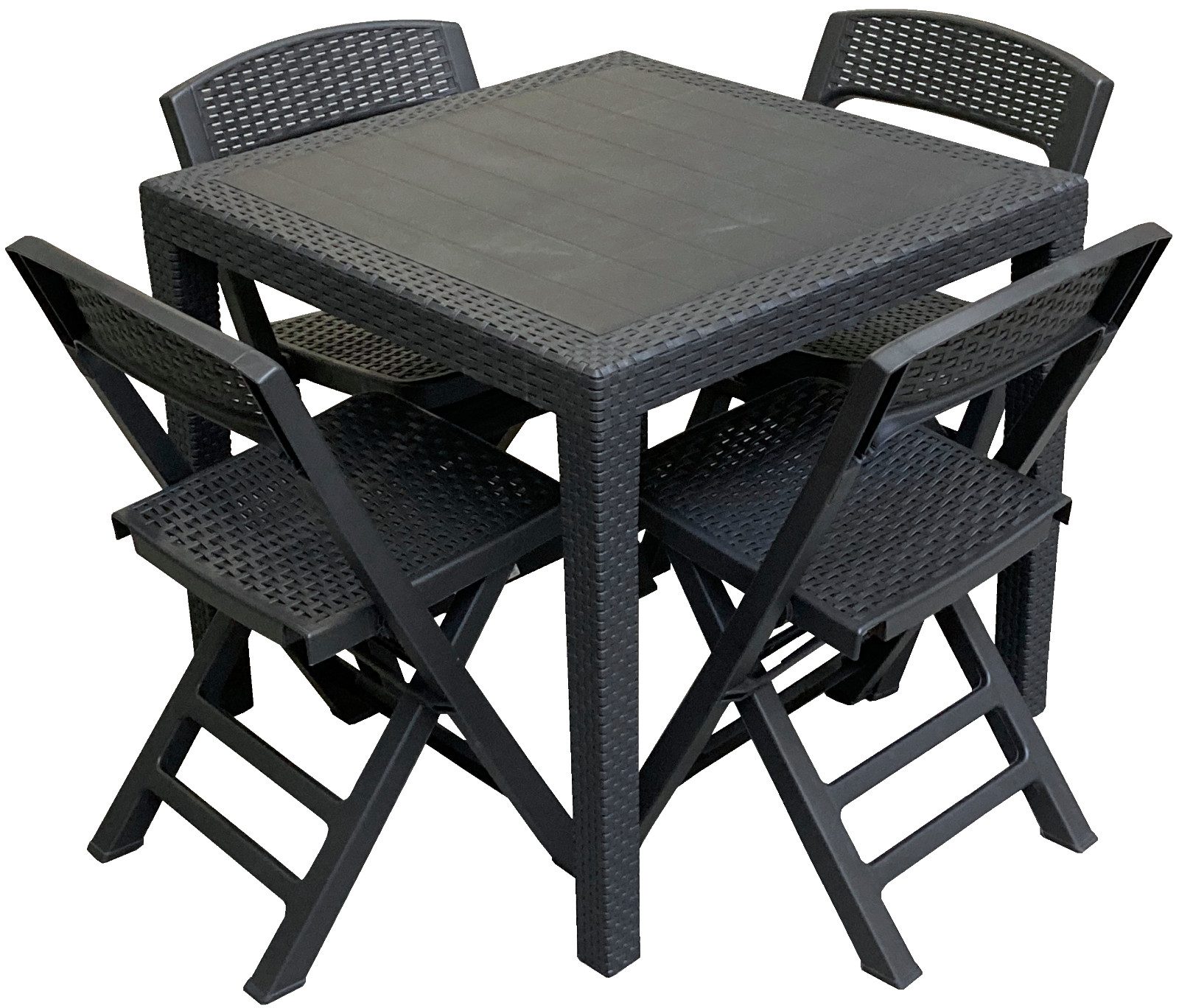 Progarden Garten-Essgruppe Gartenmöbel Sitzgruppe Balkonmöbel Terrasse Anthrazit Rattan Optik, (Set, 5-tlg., Tisch + 4 Klappstühle), UV-Beständig, Robust, Wetterfest, Made in Italy, Hochwertig