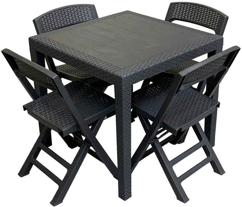 Progarden Sitzgruppe Schwarz, (5-tlg), Möbelset, 4 Stühle, 1 Tisch, Kunststoff, Rattan-Optik