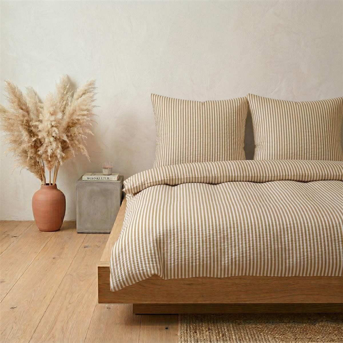 Carpe Sonno Bettwäsche Seersucker 135x200 155x220 Bügelfrei Sommer Baumwolle Streifen Muster, Seersucker, 2 teilig, Gestreifte Bettwäsche 135 x 200 Bettwaren Set Beige Weiß