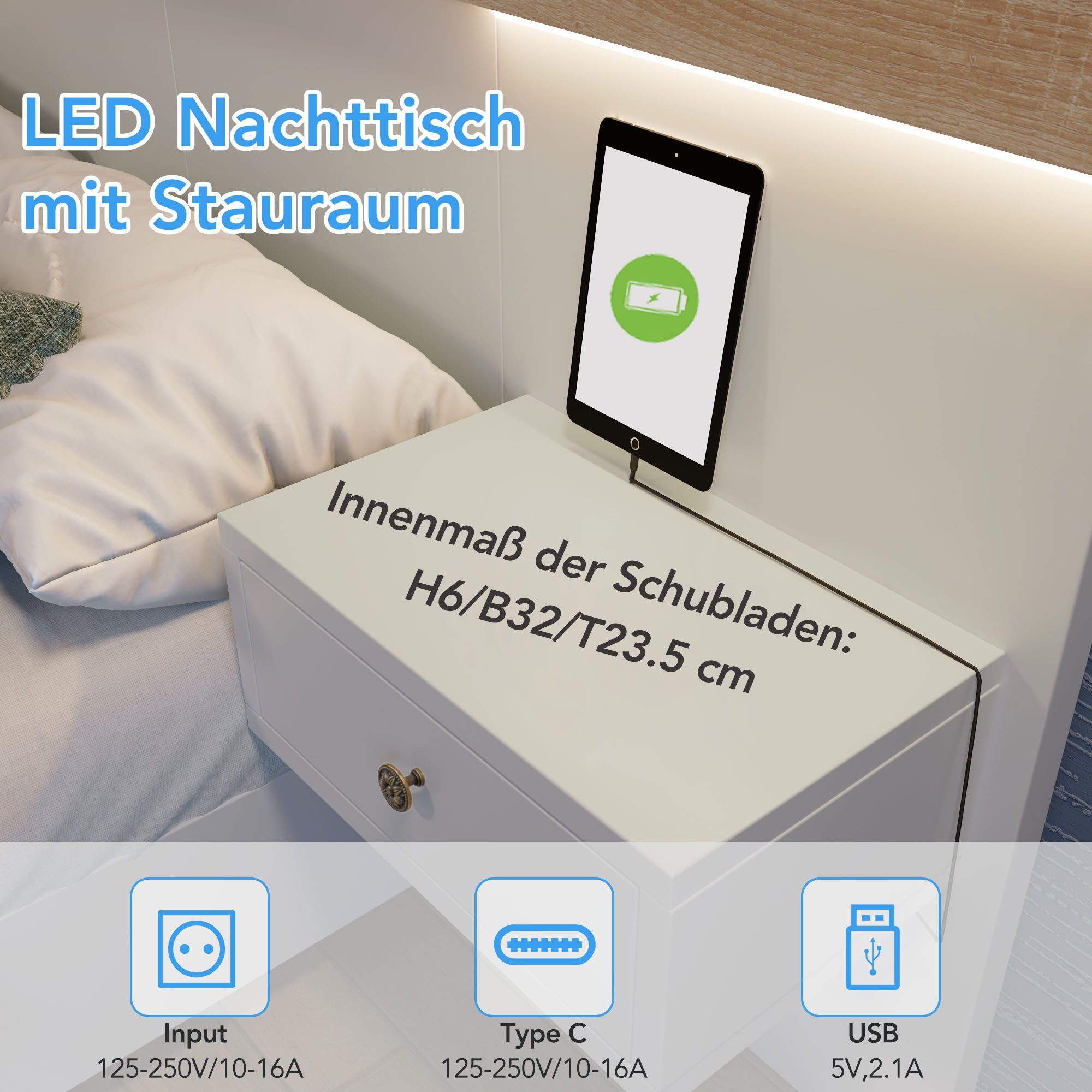 HAUSS SPOLE Massivholzbett Doppelbett Holzbett Bettrahmen Kinderbett Jugendbett (Kiefernholz Doppelbett 2 Nachttische mit LED und Steckdose), 140x200cm