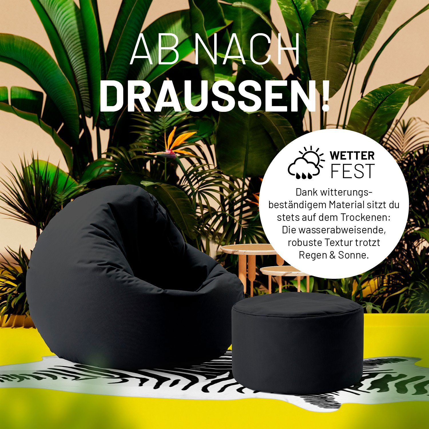 & Fußsack Garantie schwarz & Outdoor, Tisch, Pouf Sitzsack kompakt 25x45cm in- Jahre Hocker, 5 Lumaland 50L