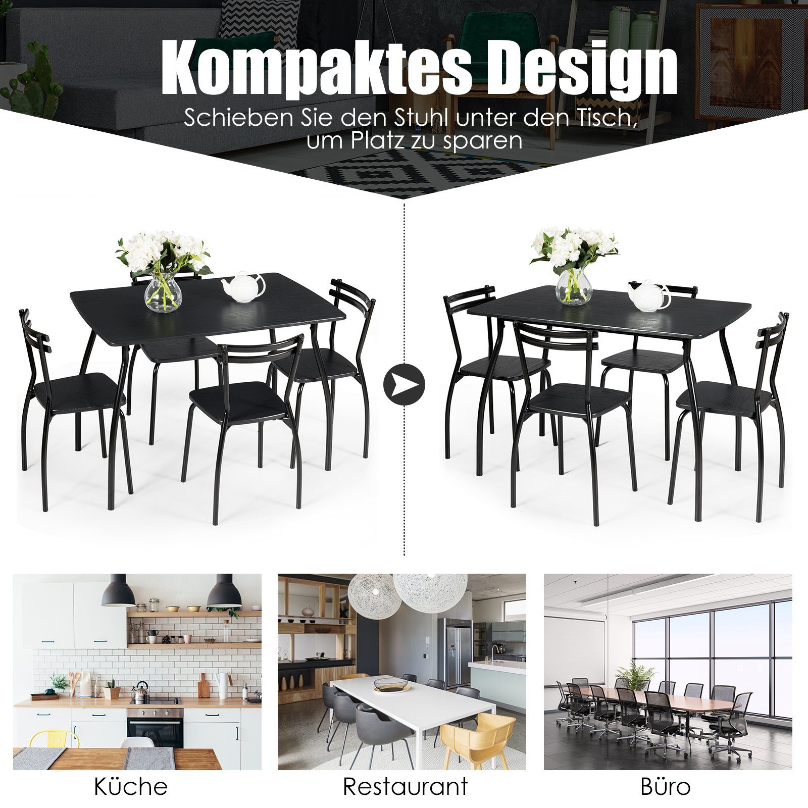 COSTWAY Esstisch, 5 tlg. mit 4 Stühlen und Tisch, Metallrahmen