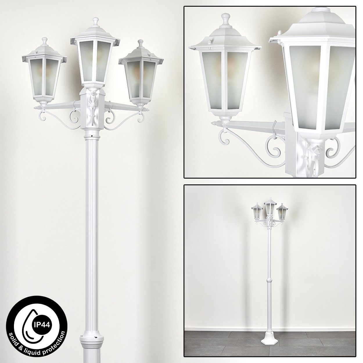 hofstein Außen-Stehlampe Wegeleuchte aus Metall/Milchglas in Weiß, ohne Leuchtmittel, Kandelaber, Gartenbeleuchtung IP44, 3xE27, ohne Leuchtmittel
