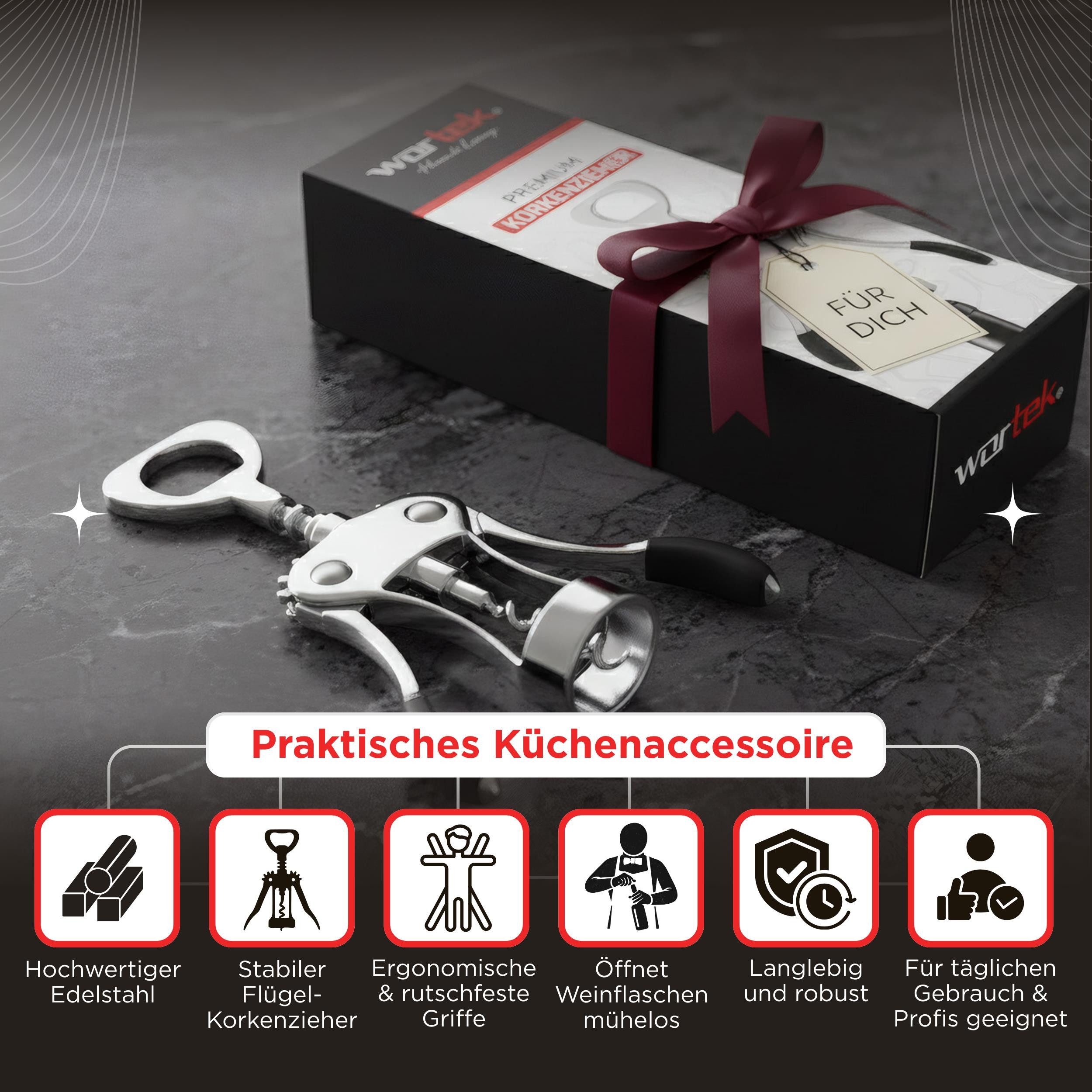 wortek Korkenzieher Weinflaschenöffner Flaschenöffner, (1er Set, 1 tlg., Hebelkorkenzieher mit Flaschenöffner), Geschenk für Wein- und Bierliebhaber – Bild 2 von 5