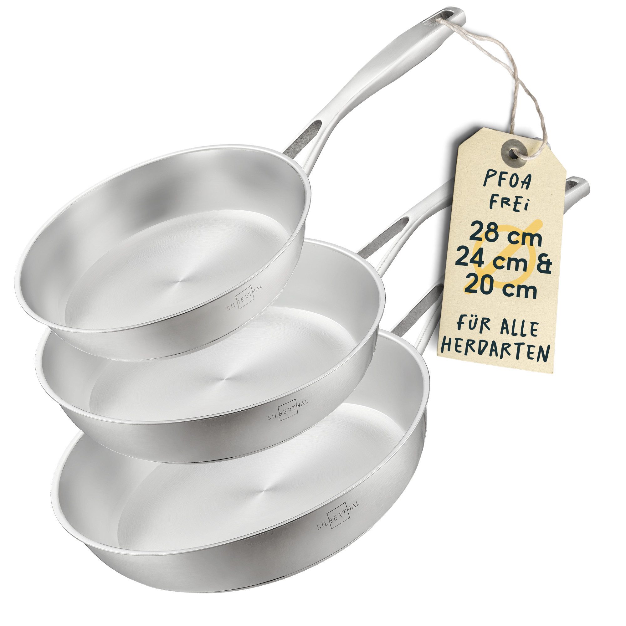 SILBERTHAL Bratpfanne Edelstahl 3er Pfannenset Unbeschichtet, Edelstahl (3-tlg), für Röstaromen, spülmaschinenfest, backofenfest bis 400°C