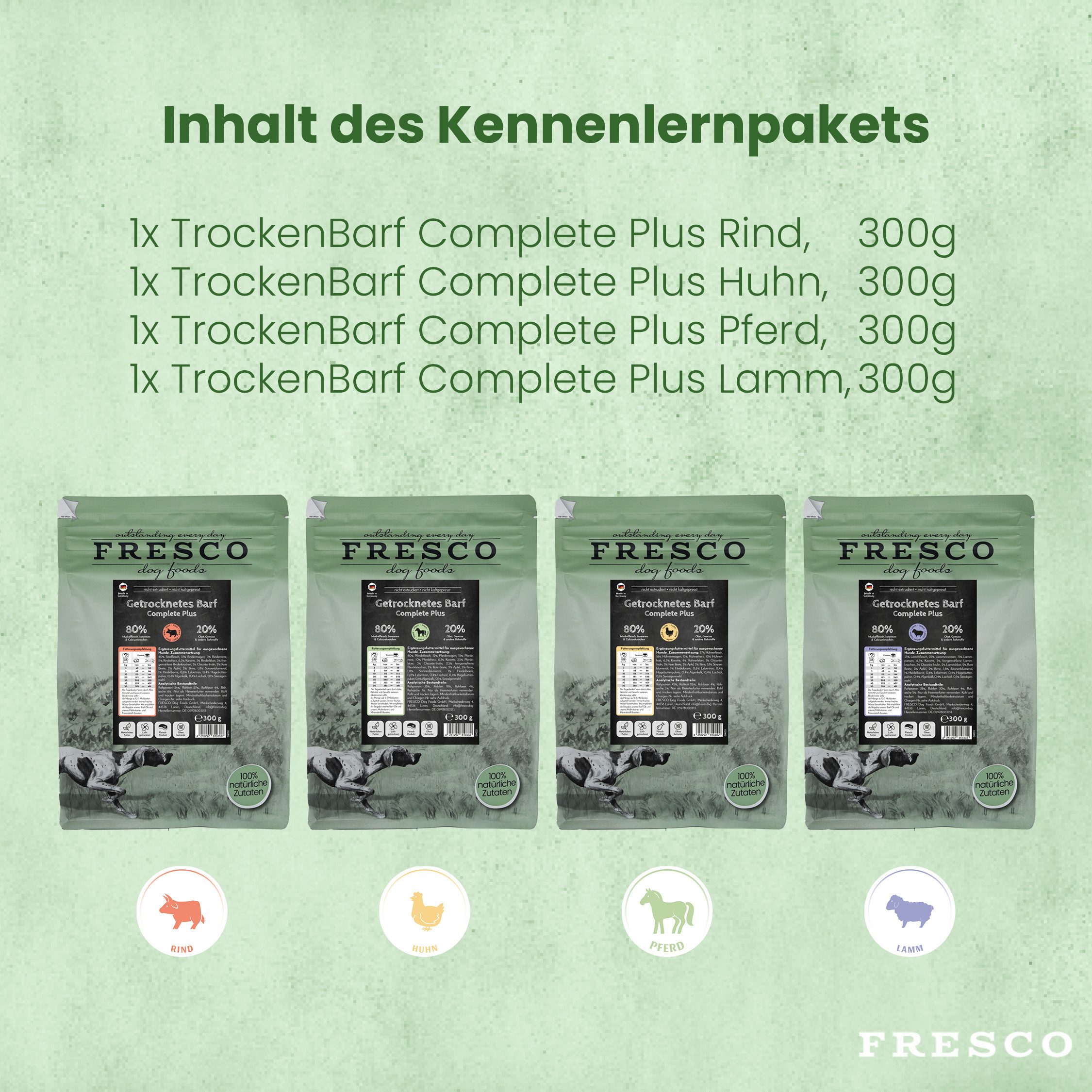 Fresco Dog TrockenBarf PROBIERPAKET Hundefutter Trocken, 4 x 300g, Trockenfutter für: Hunde, Getreidefrei mit je 80% Pferd, Huhn, Rind oder Lamm