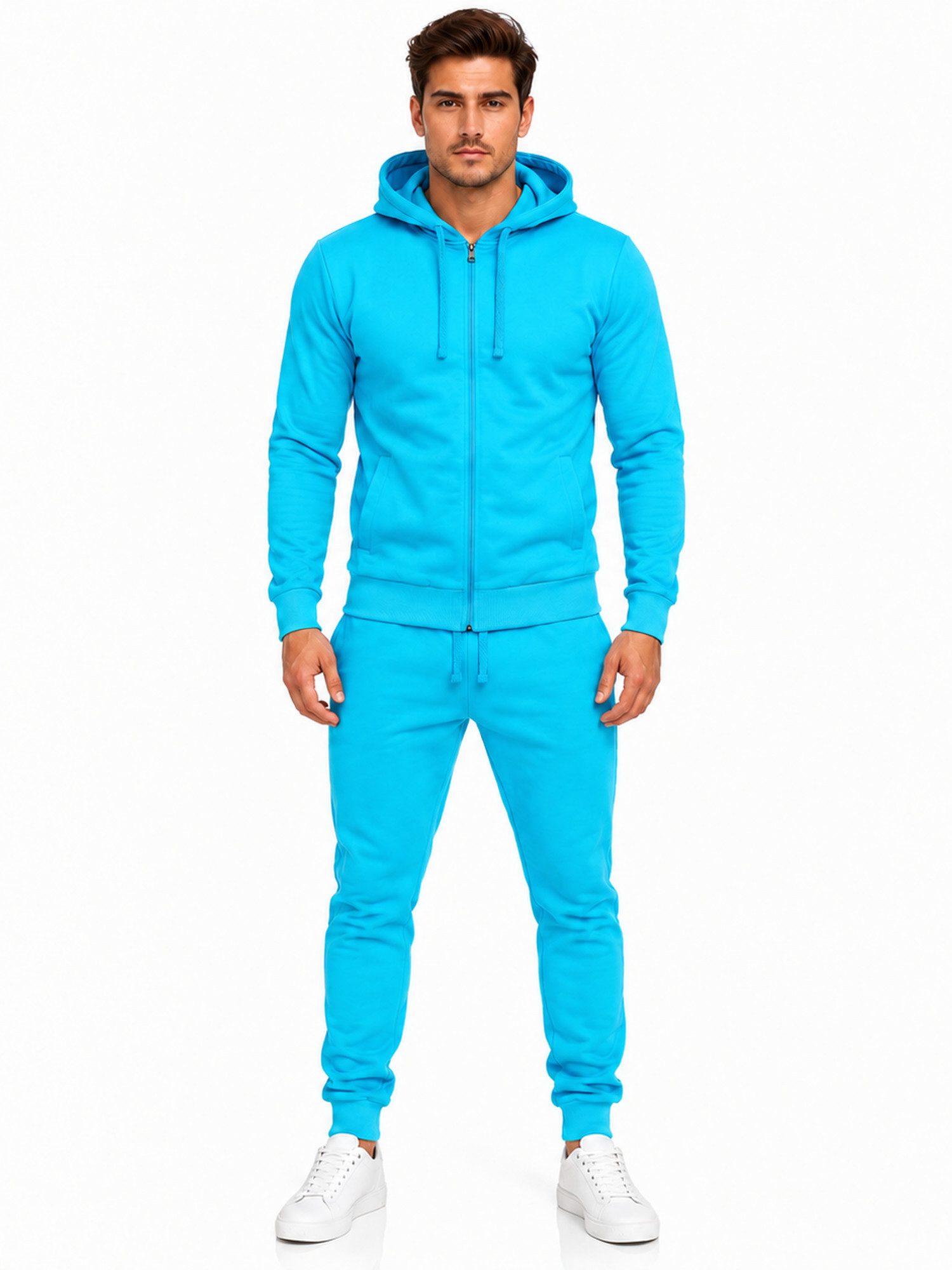 L.gonline Freizeitanzug Herren Jogginganzug einfarbig 100% BW 586 Türkis XL (Kapuzenjacke mit Reißverschluss, Hose, 2-tlg), Fitness Freizeit Casual – Bild 2 von 5