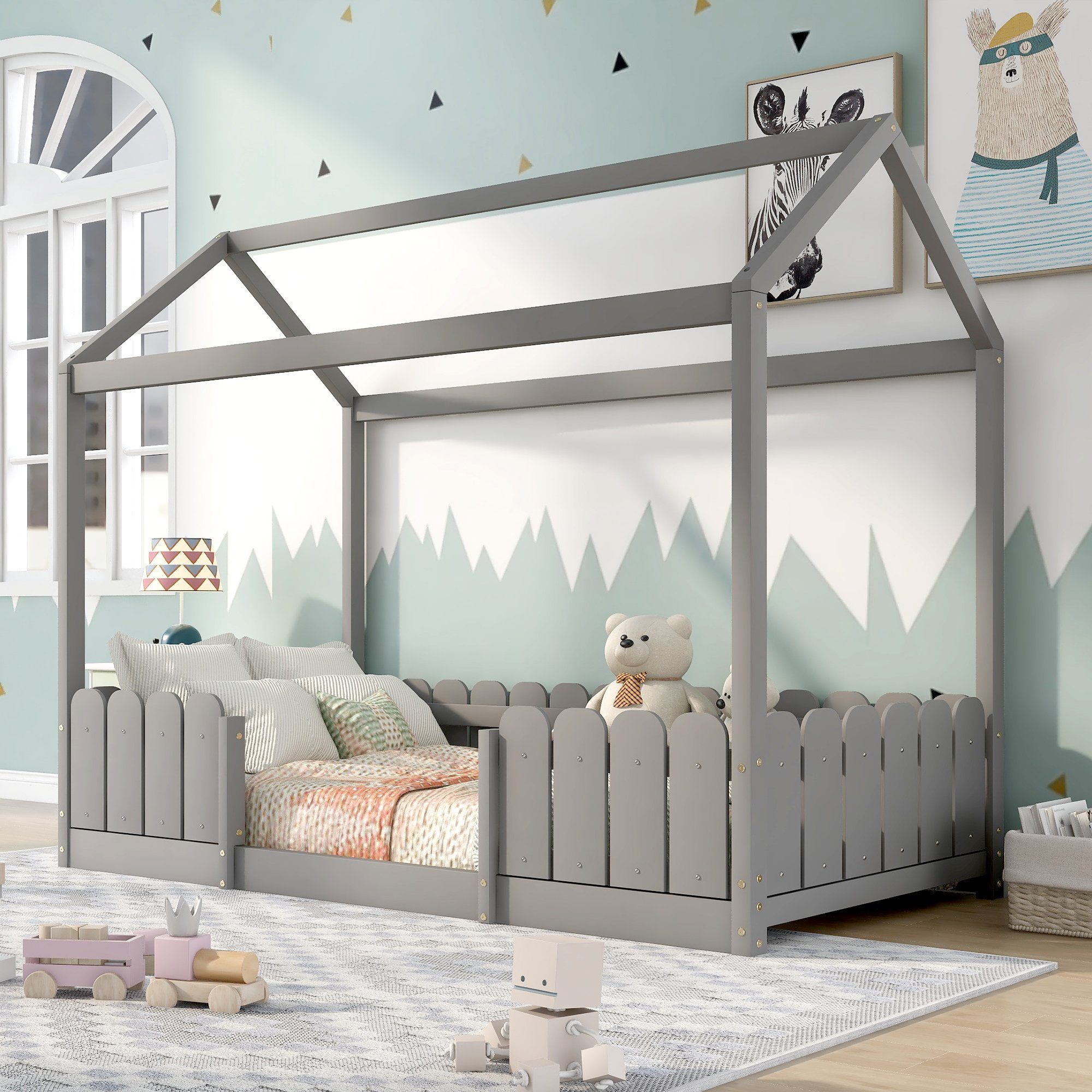 Merax Hausbett, mit Rausfallschutz und Lattenrost, Kinderbett 90x200cm, Holz Grau