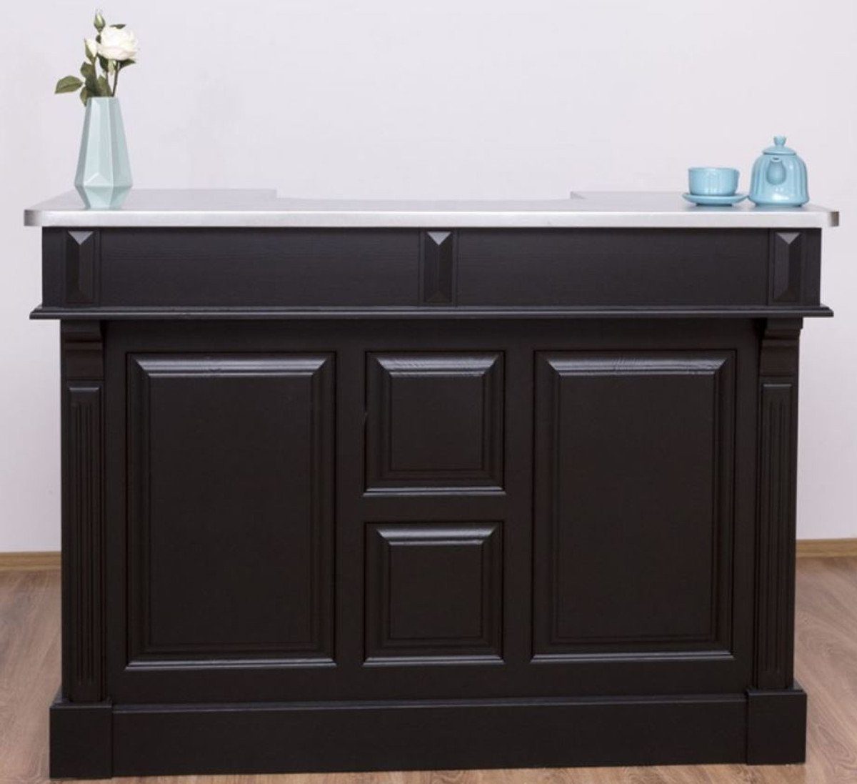 Barschrank Landhausstil Theke Schwarz / Silber 150 x 65 x H. 107 cm - Massivholz Thekentisch mit verzinkter Tischplatte - Barmöbel im Landhausstil