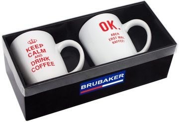 BRUBAKER Tasse Motivtassen "KEEP CALM..." und "OK. ABER...", Keramik, 2er-Set Kaffeebecher in Geschenkpackung mit Grußkarte, Kaffeetassen Geschenkset für Büro Morgenmuffel Becher, Tassen mit Spruch