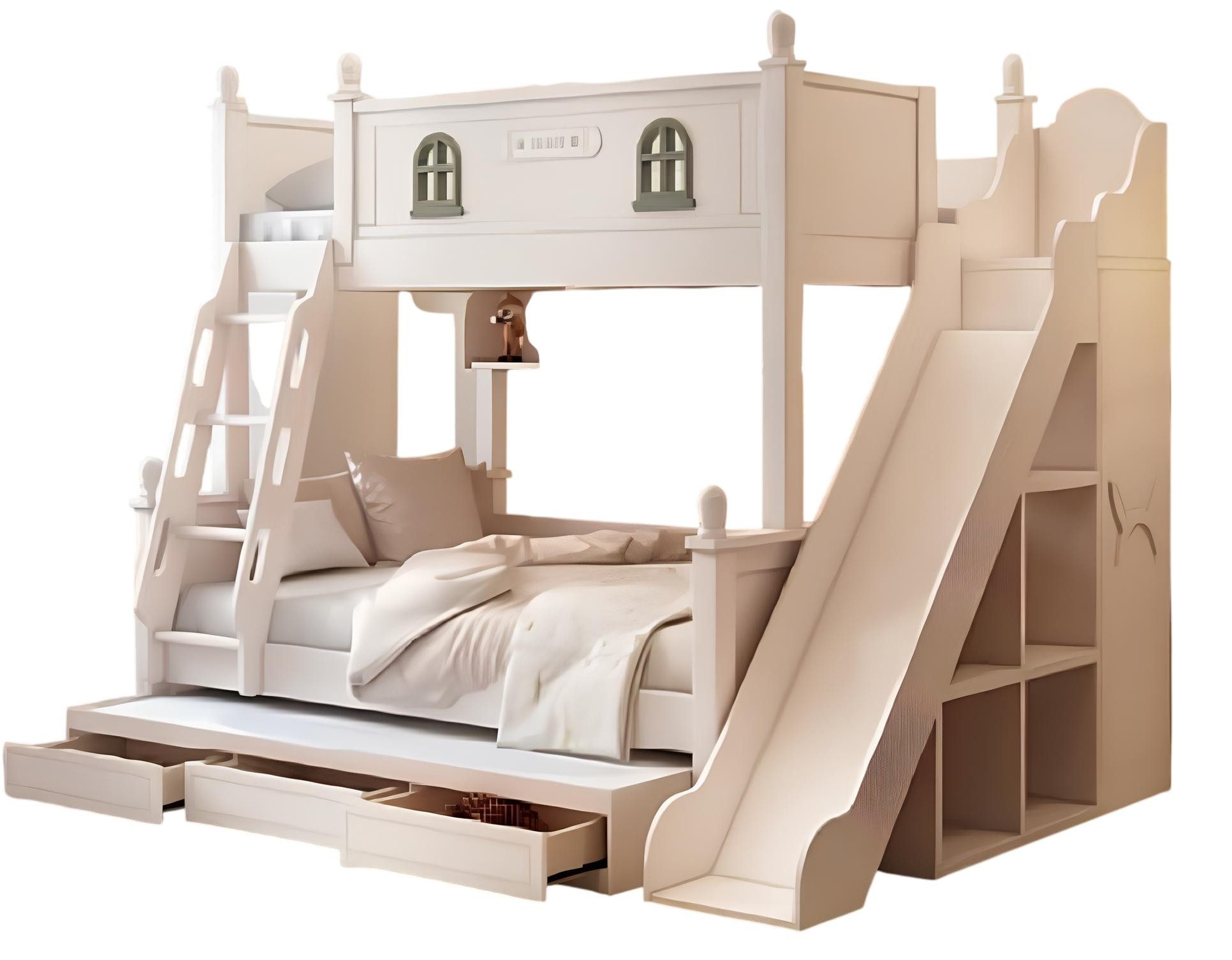 Etagenbett Hochbett aus Holz in Weiß mit Rutsche und Stauraum für Kinder