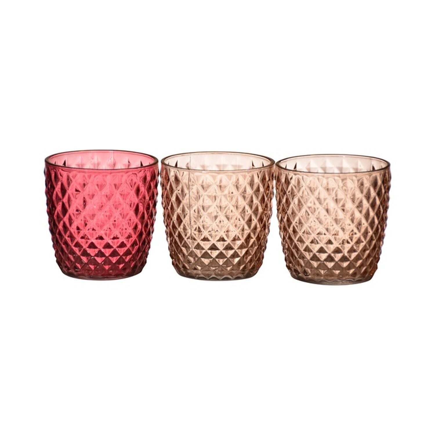 INNA-Glas Kerzenhalter Votivglas Kirstie, 3 Stück, Rauten, rosa-pink, 9cm, Ø9cm