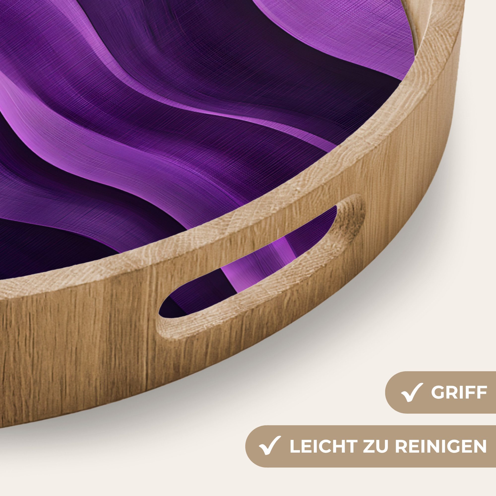 OnlyWow Tablett Rund mit Henkel Wellen - Abstrakt - Lila, Eichenholz, (1-tlg), Siervierplatte, Tray, Frühstücksbrett