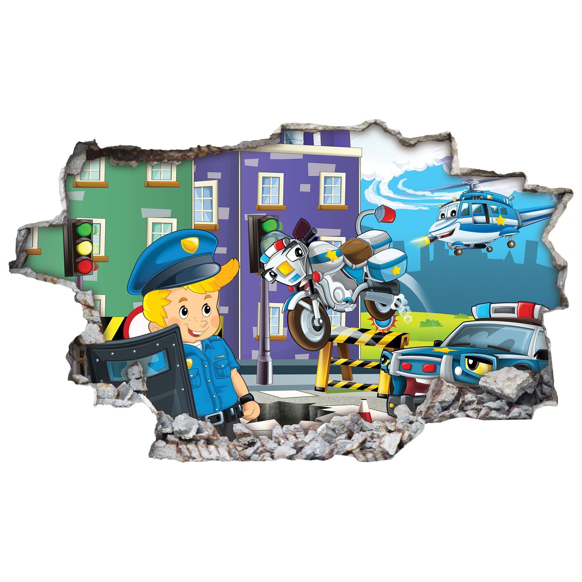 GRAVURZEILE Wandtattoo im Polizei & Polizeiauto Design - Kinderzimmer - Wandaufkleber - (3D Wanddurchbruch & Deko), Ausführung: V2