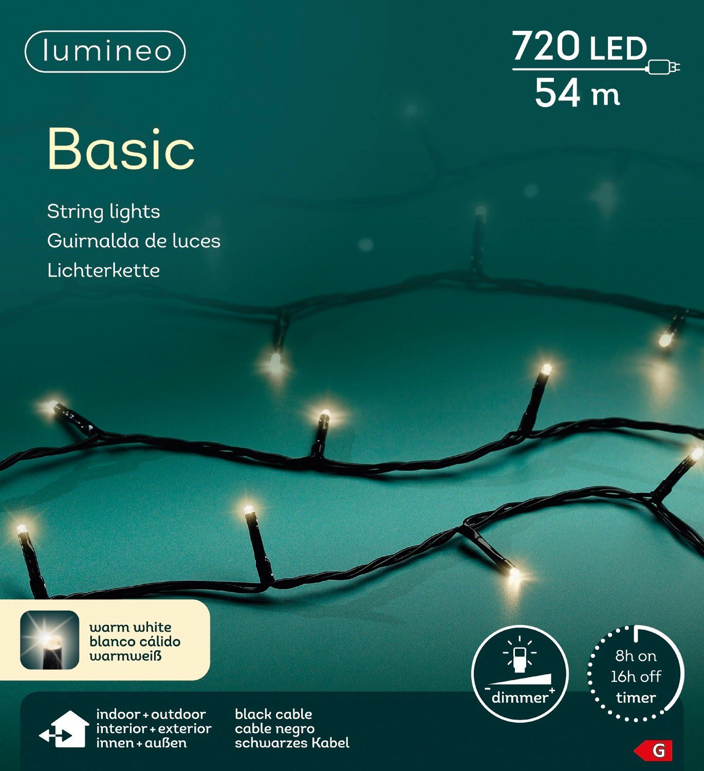 Lumineo LED-Lichterkette Lumineo Lichterkette Basic 720 LED 54 m warm weiß, schwarzes Kabel, Dimmbar, Timer, Indoor, Outdoor
