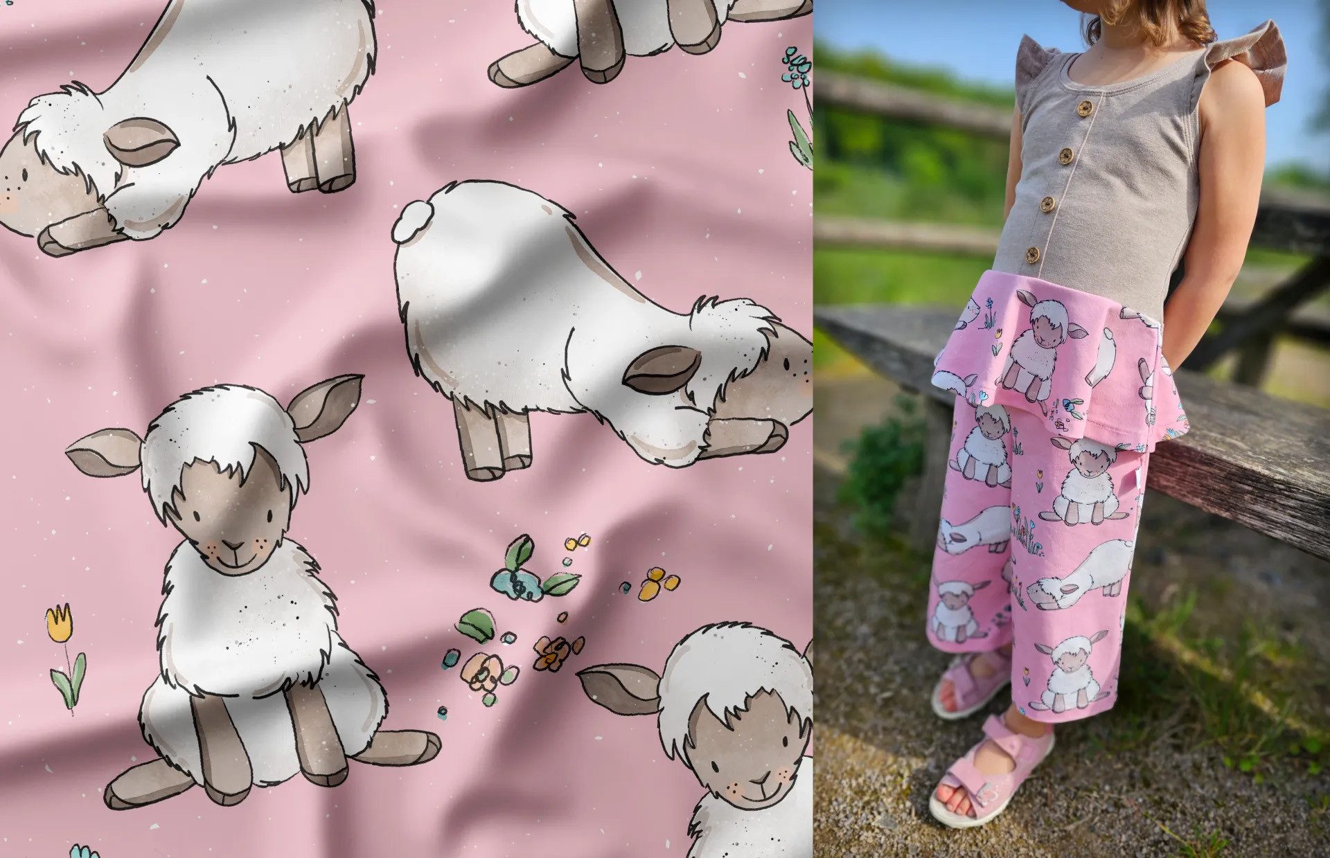 Leylas Welt Stoff Jersey Stoff Lämmchen Lamm Schaf Katzengold Design 160 cm, Reaktivdruck
