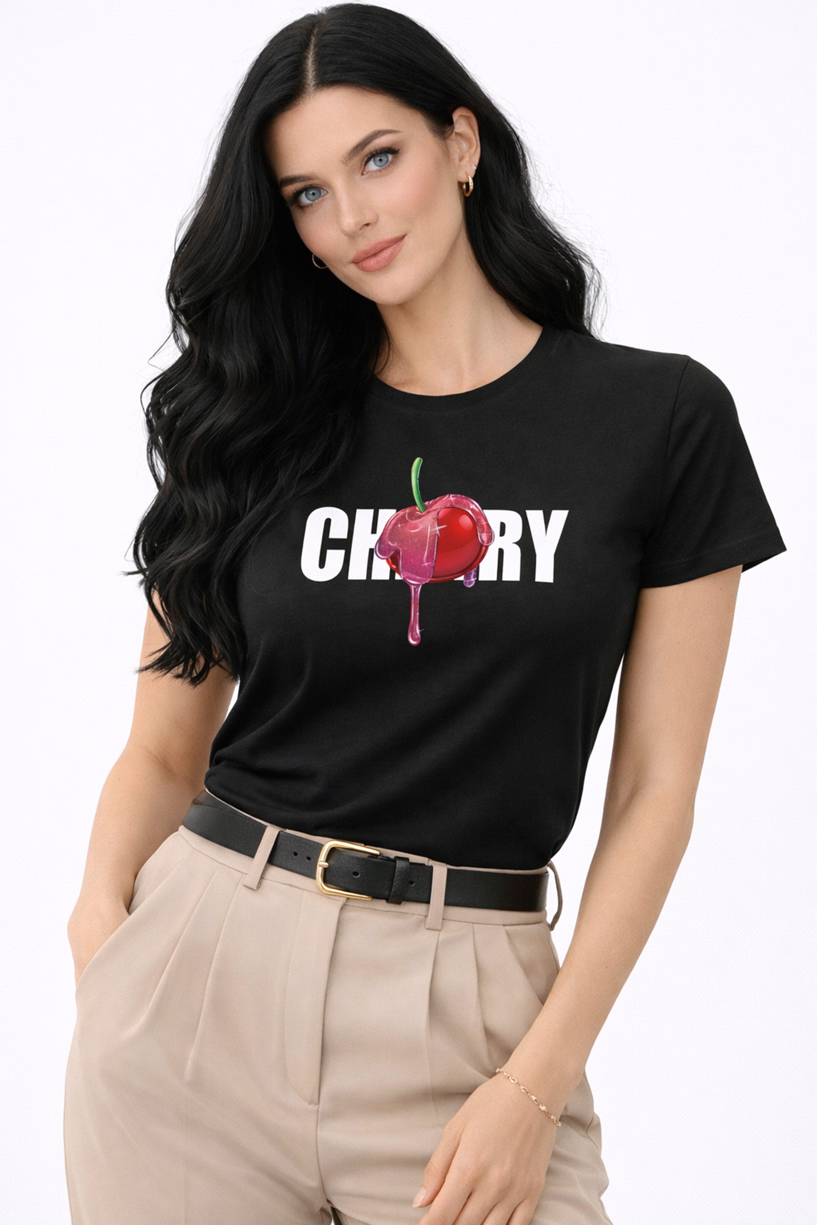 Banco T-Shirt Damen Cherry Drip Moderner Print Baumwolle Slim Fit Rundhals (Einzelartikel) Damen T-Shirt Cherry Print Baumwolle Rundhals Slim Fit Kurzarm