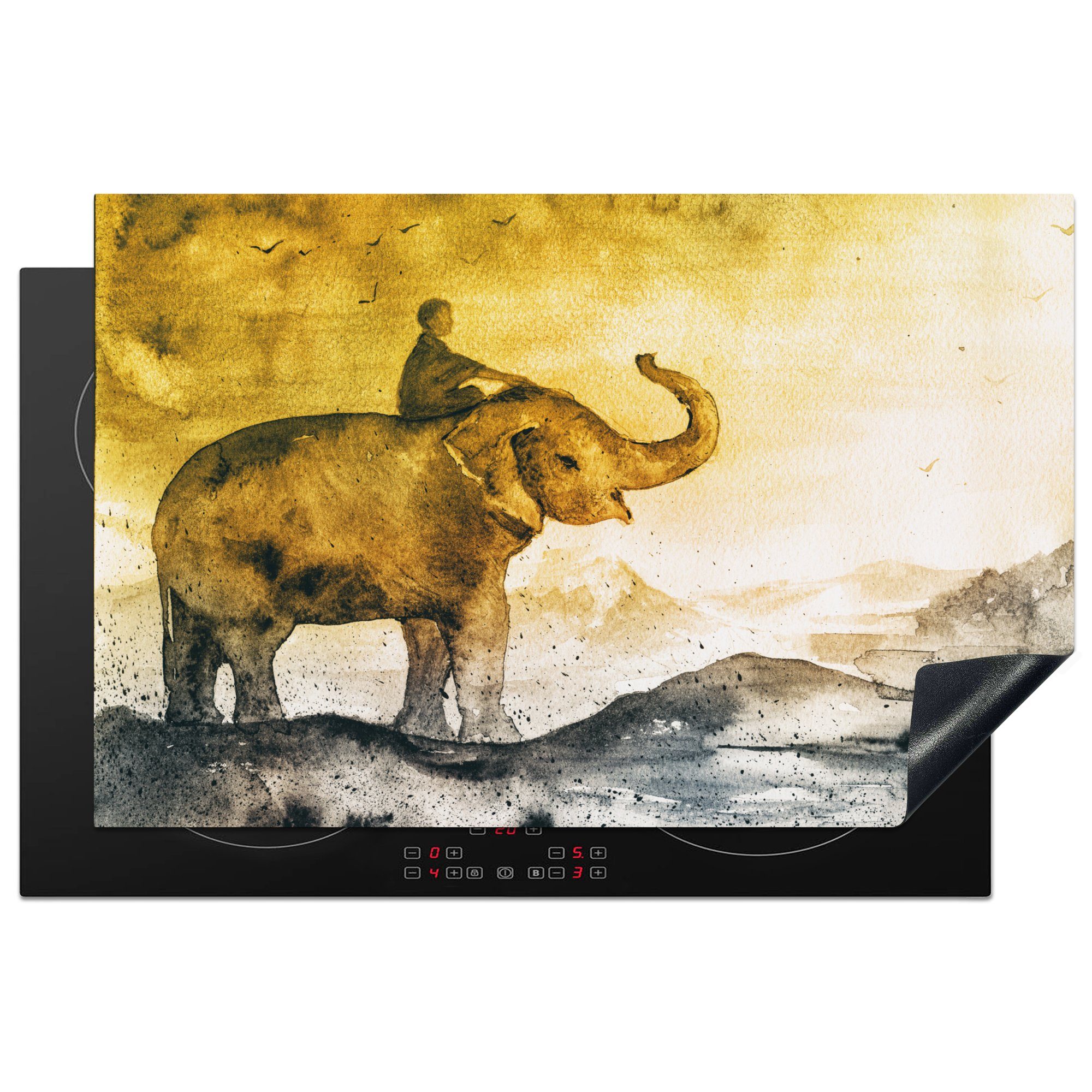 MuchoWow Herdblende-/Abdeckplatte Elefant - Kind - Berg - Aquarell, Vinyl, (1 tlg), 81x52 cm, Induktionskochfeld Schutz für die küche, Ceranfeldabdeckung