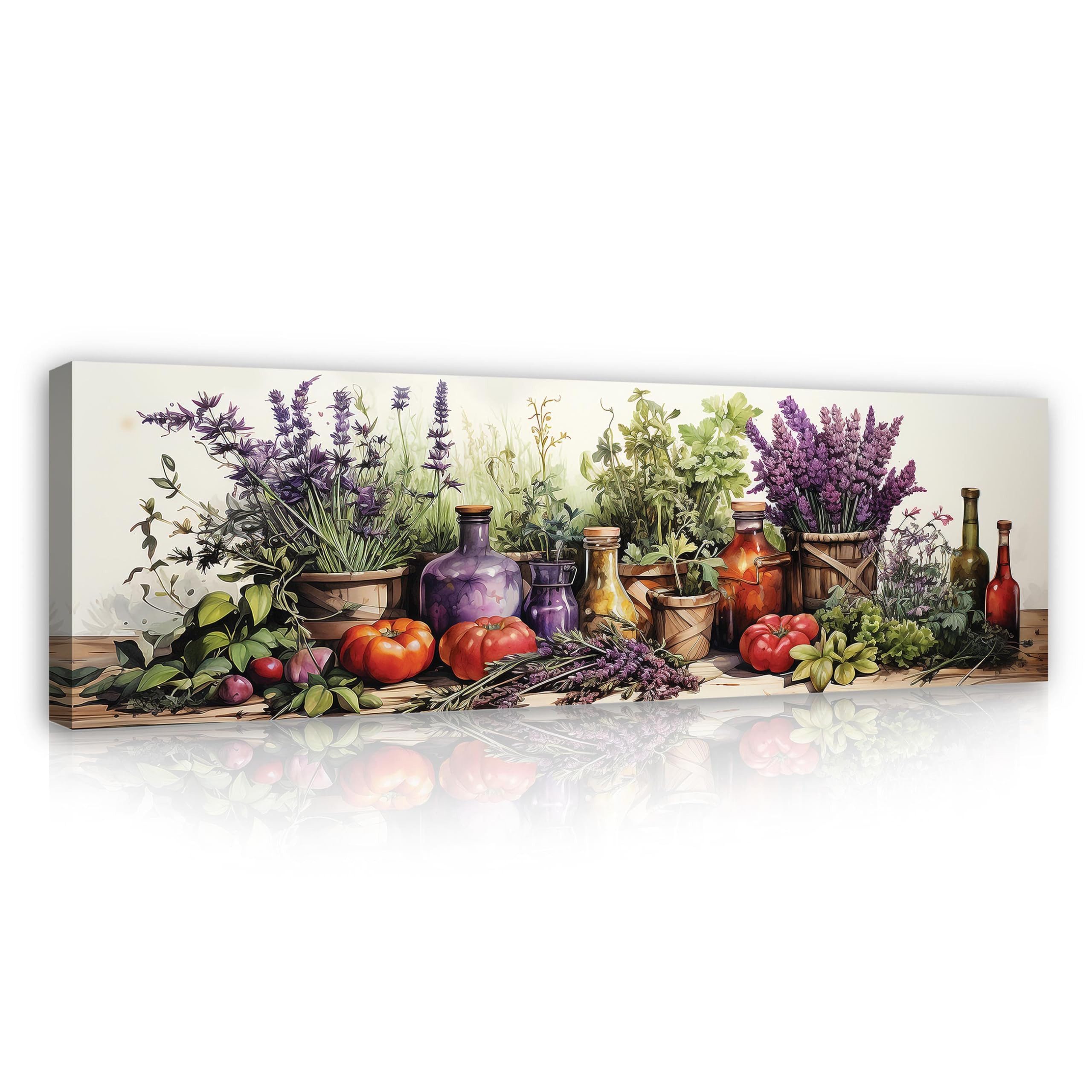 Wallarena Leinwandbild Gemüse und Gewürze in Bunt auf Canvas für Wohnzimmer 145x45cm, Gemüse und Gewürze (1 St), mit Holzrahmen mit Aufhängevorrichtung UV-beständig und lichtecht