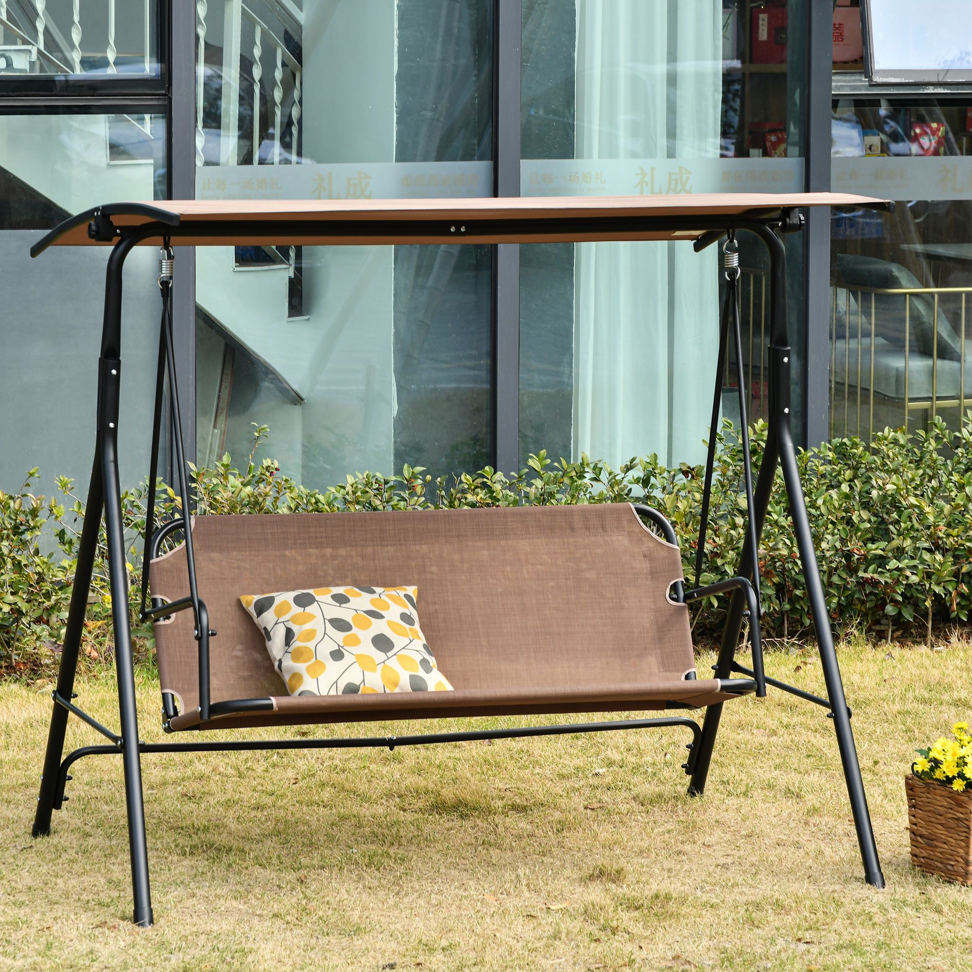 Outsunny Hollywoodschaukel Outdoor UV-beständig Gartenliege mit Metallrohr, 2-Sitzer, Verstellbares Dach, Schaukel, 1 tlg., Schaukelbank, für Garten, Balkon,Braun